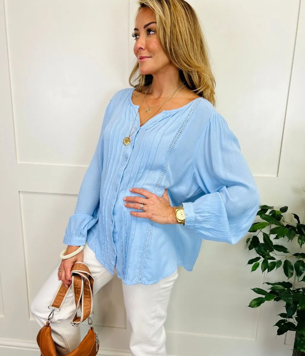 Blue Crochet Pintuck Blouse