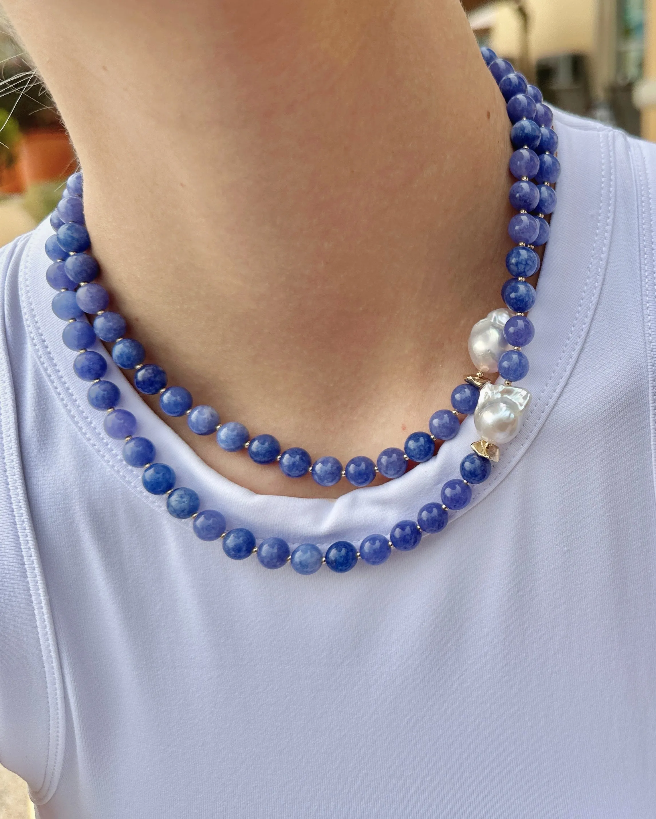 Blue Jade with Baroque Pearls Double Layers Necklace LN034