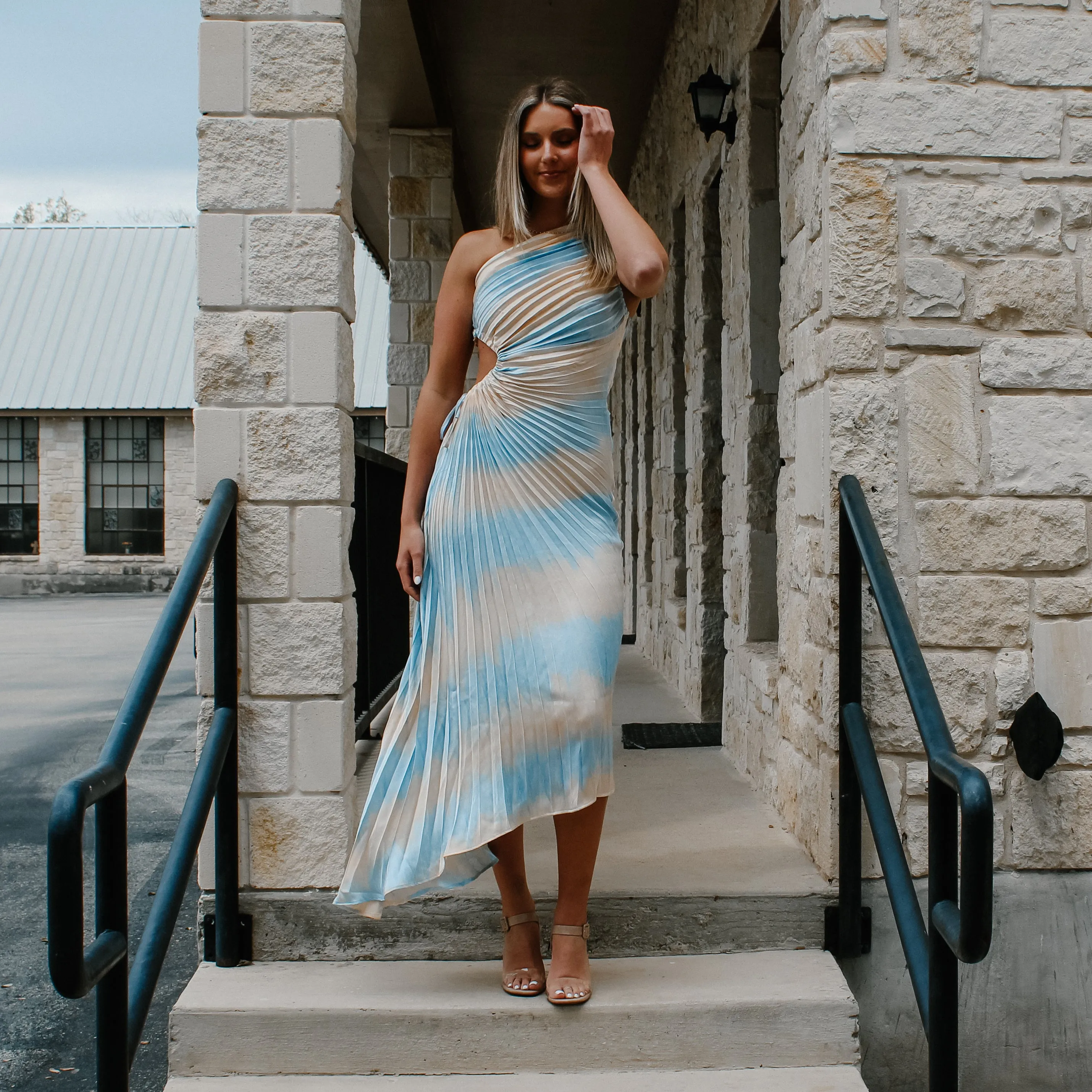 Blue Pleated Asymmetrical Dress