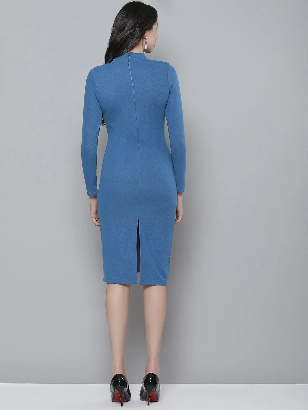 Blue Rib Turtle Neck Zipped Bodycon Dress