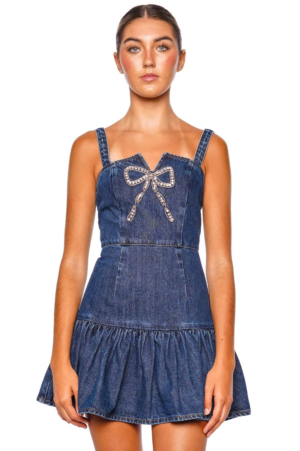 Bow Embellished Denim Mini Dress