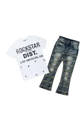 Boys Erix White/Blue T-Shirt/Stacked Flare Jean Set