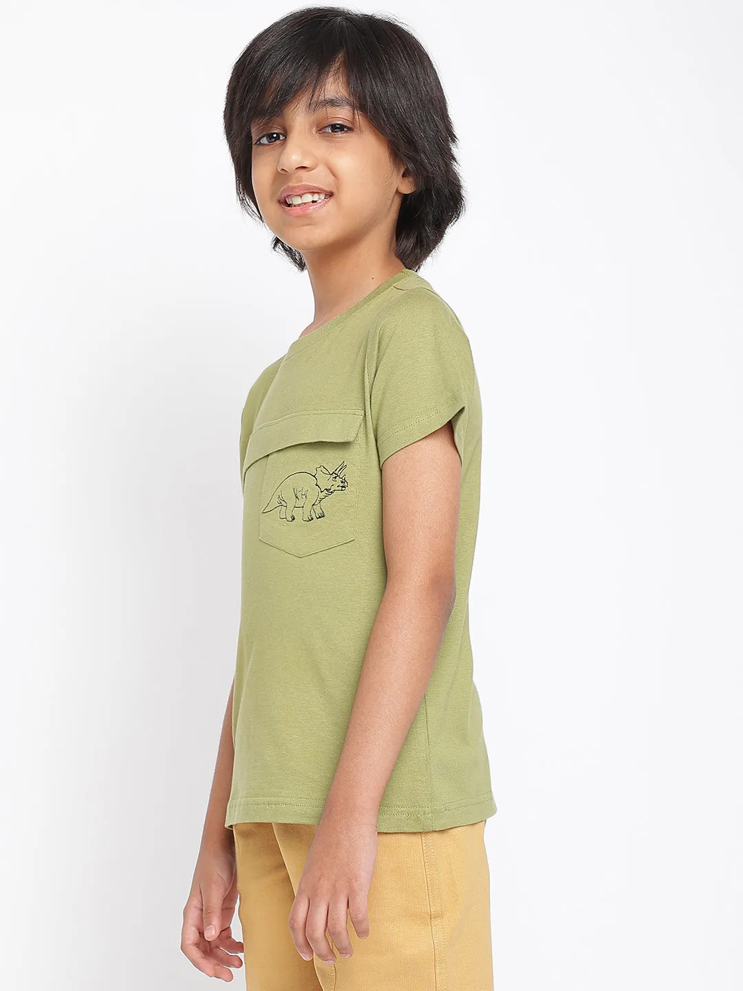 Boys Green Regular Fit Round Neck Cotton T-shirt