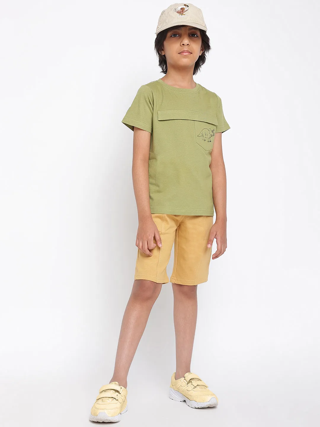 Boys Green Regular Fit Round Neck Cotton T-shirt