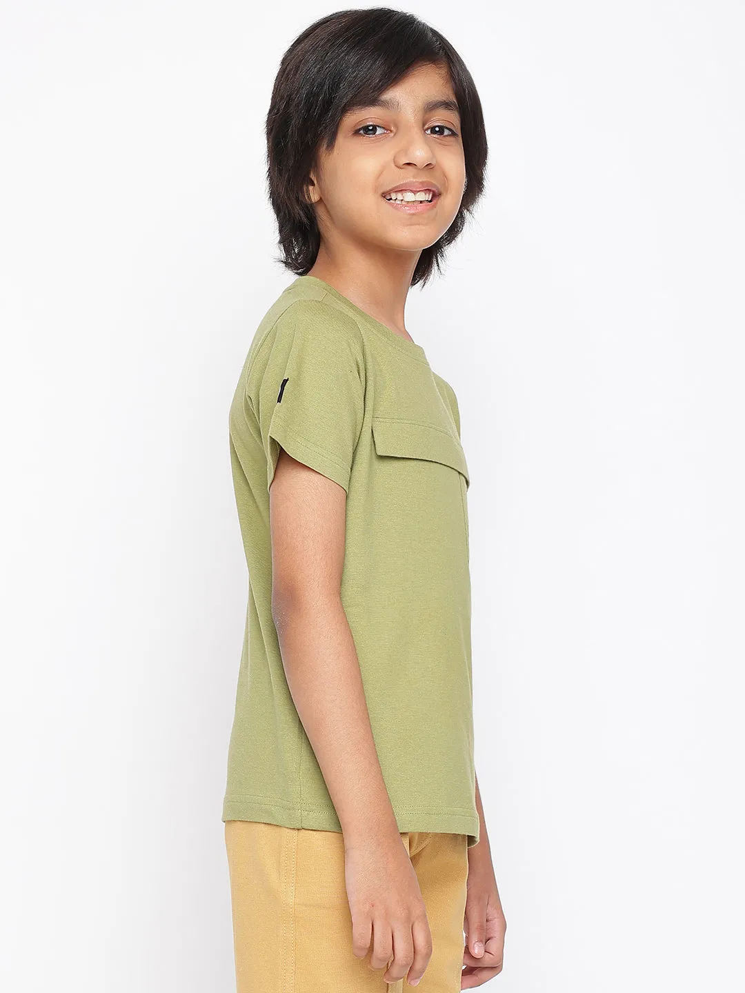 Boys Green Regular Fit Round Neck Cotton T-shirt