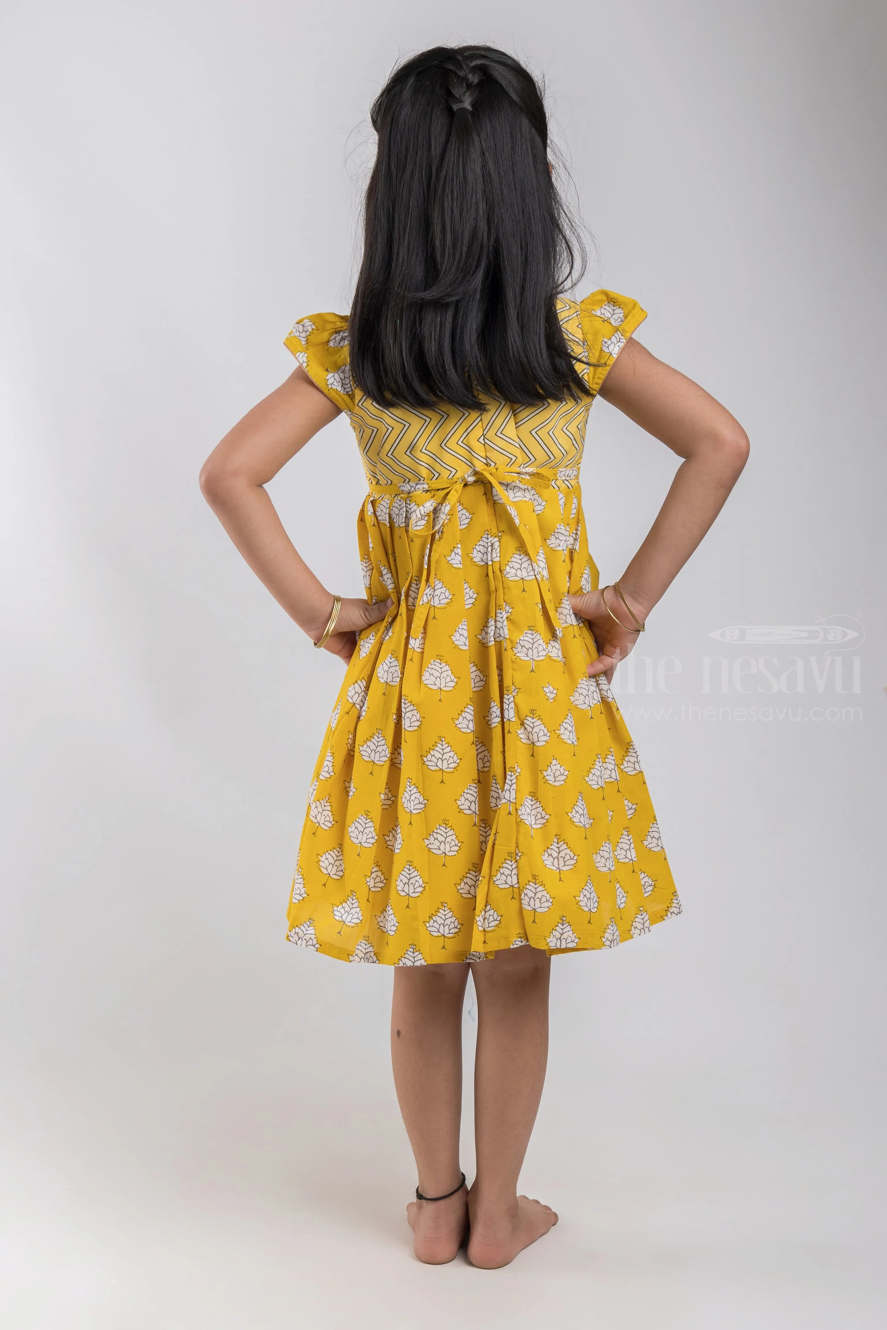 Bright Yellow Zigzag Printed Soft Cotton Baby Girls Dress