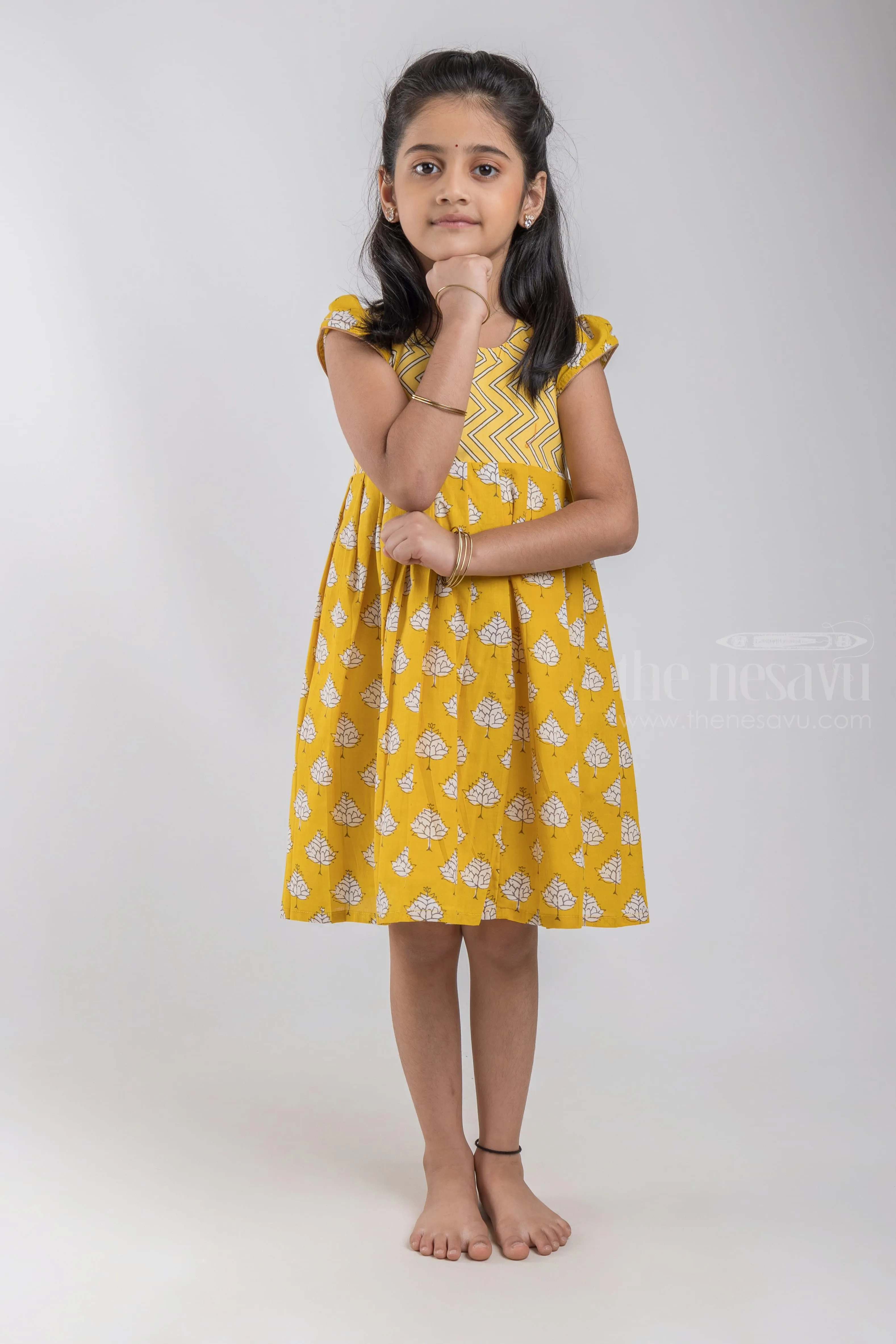 Bright Yellow Zigzag Printed Soft Cotton Baby Girls Dress