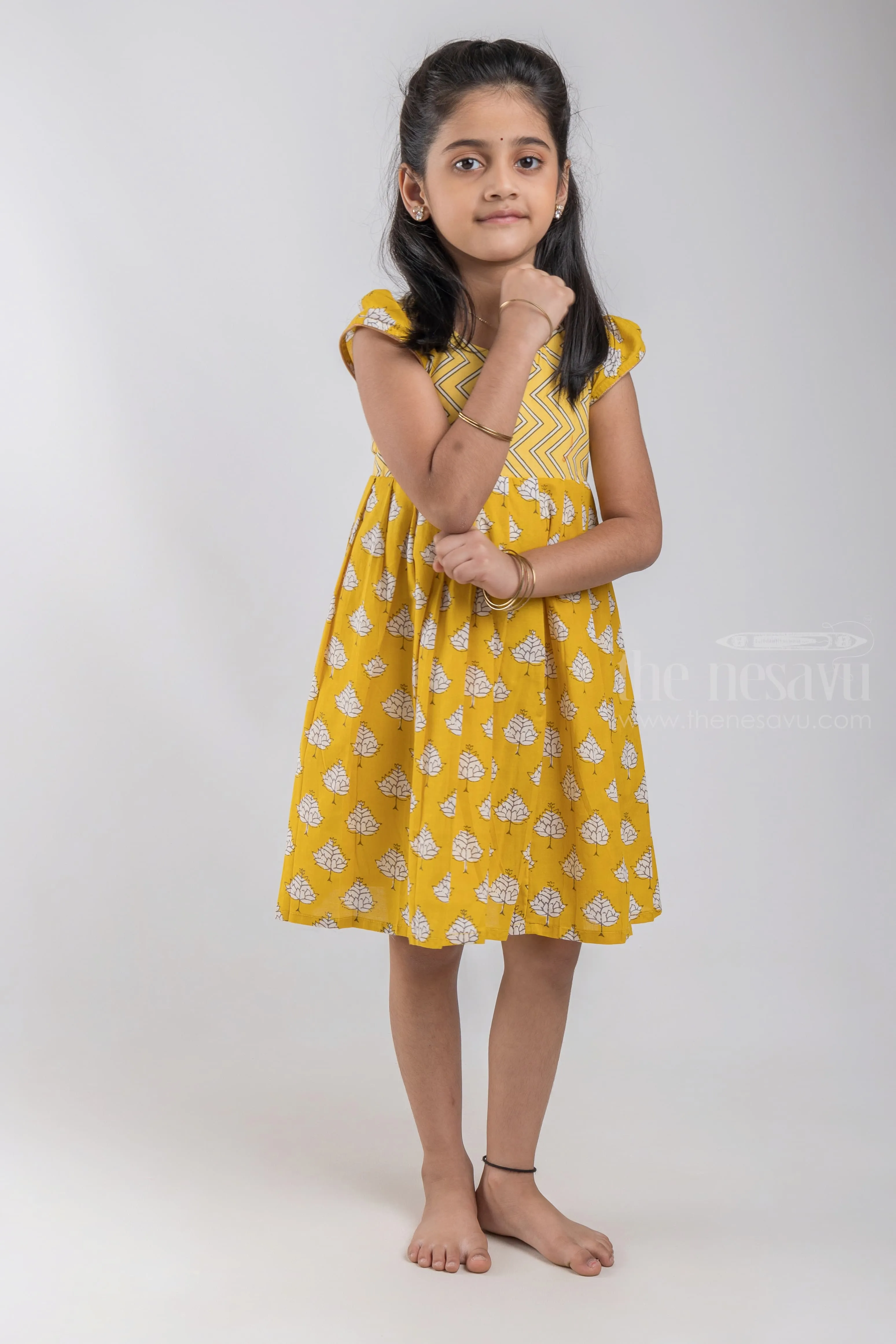 Bright Yellow Zigzag Printed Soft Cotton Baby Girls Dress