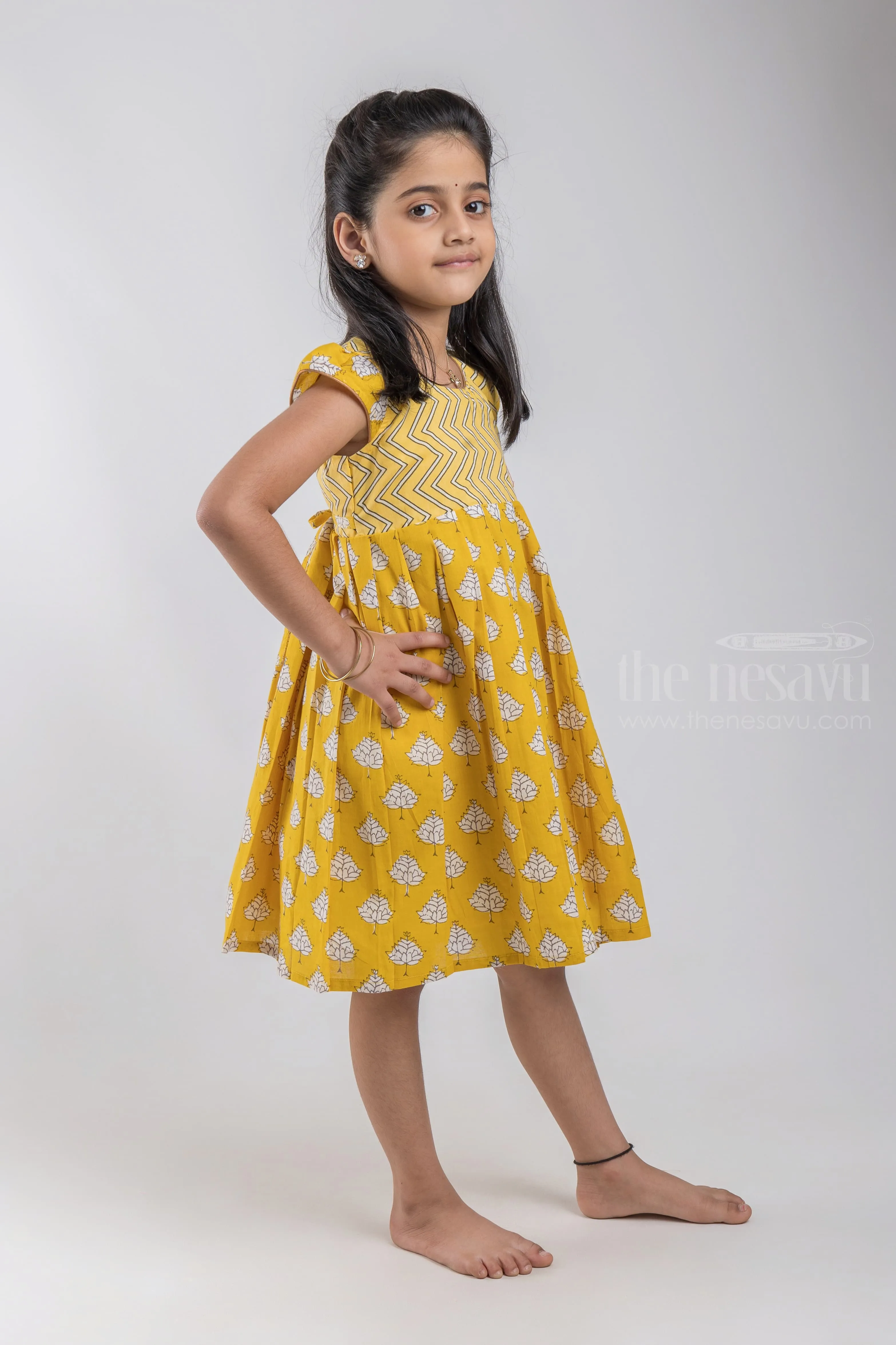 Bright Yellow Zigzag Printed Soft Cotton Baby Girls Dress