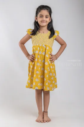 Bright Yellow Zigzag Printed Soft Cotton Baby Girls Dress