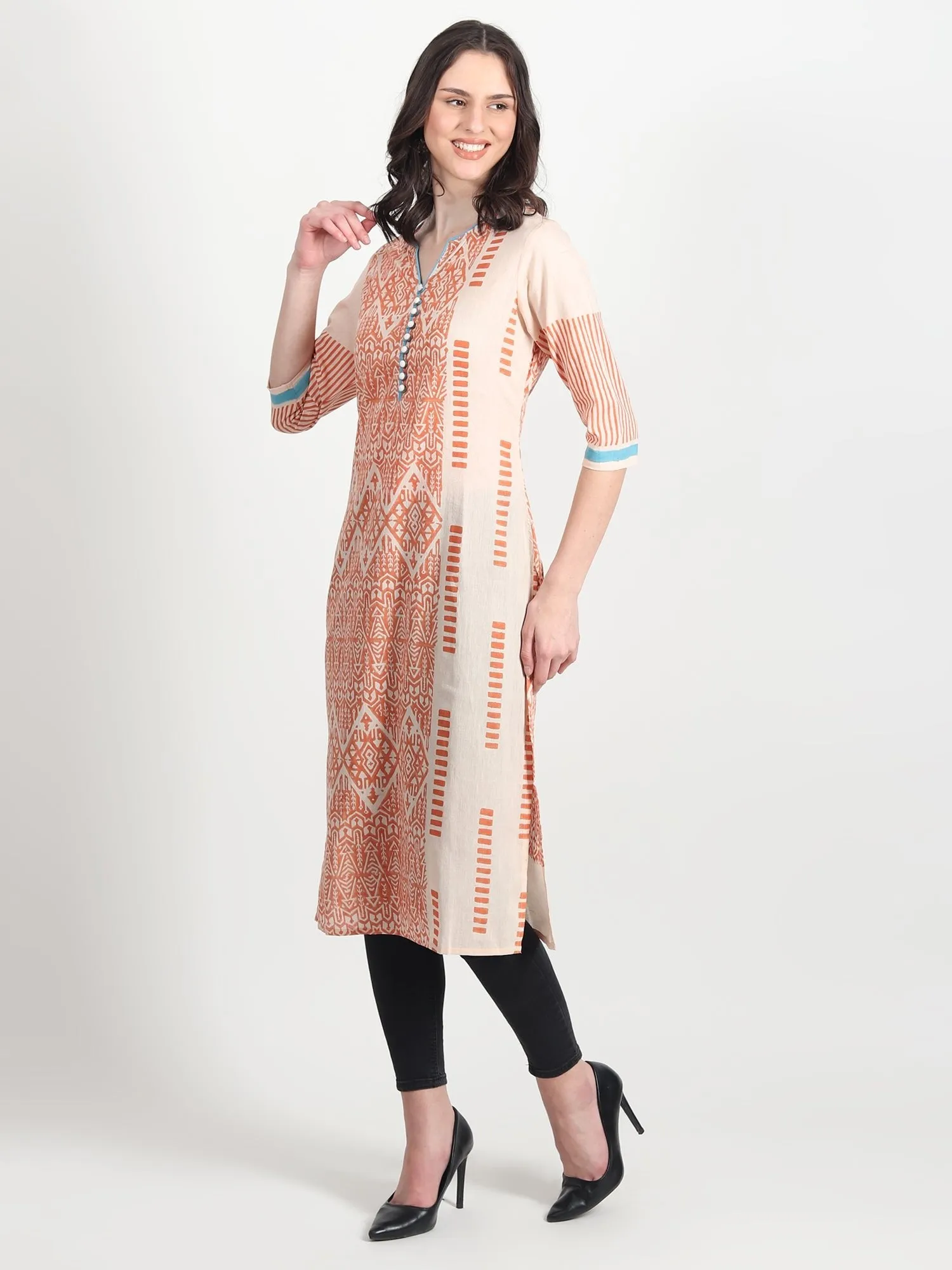 CASPAR Hand Block Printed Straight Kurti  Geometric ,Tribal Motifs