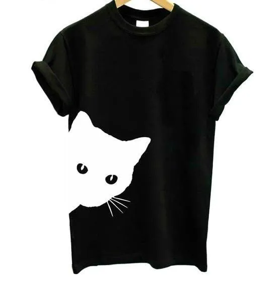 Cat Looking T-Shirt Colors: Gray, Black, White - Sizes: S-3XL