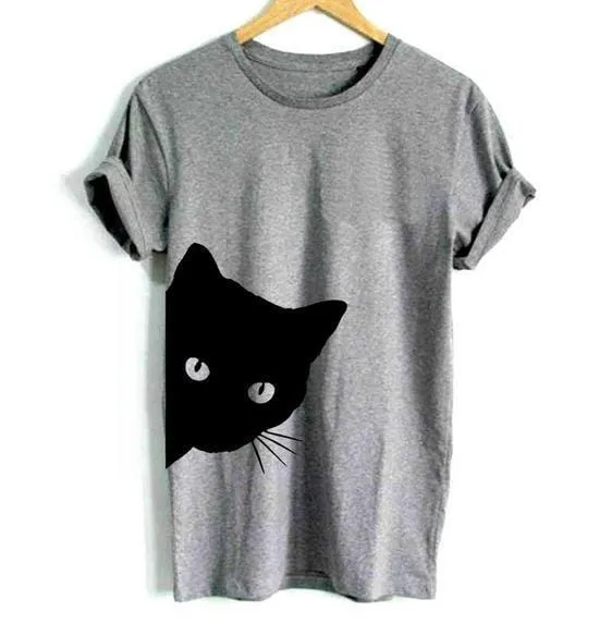 Cat Looking T-Shirt Colors: Gray, Black, White - Sizes: S-3XL