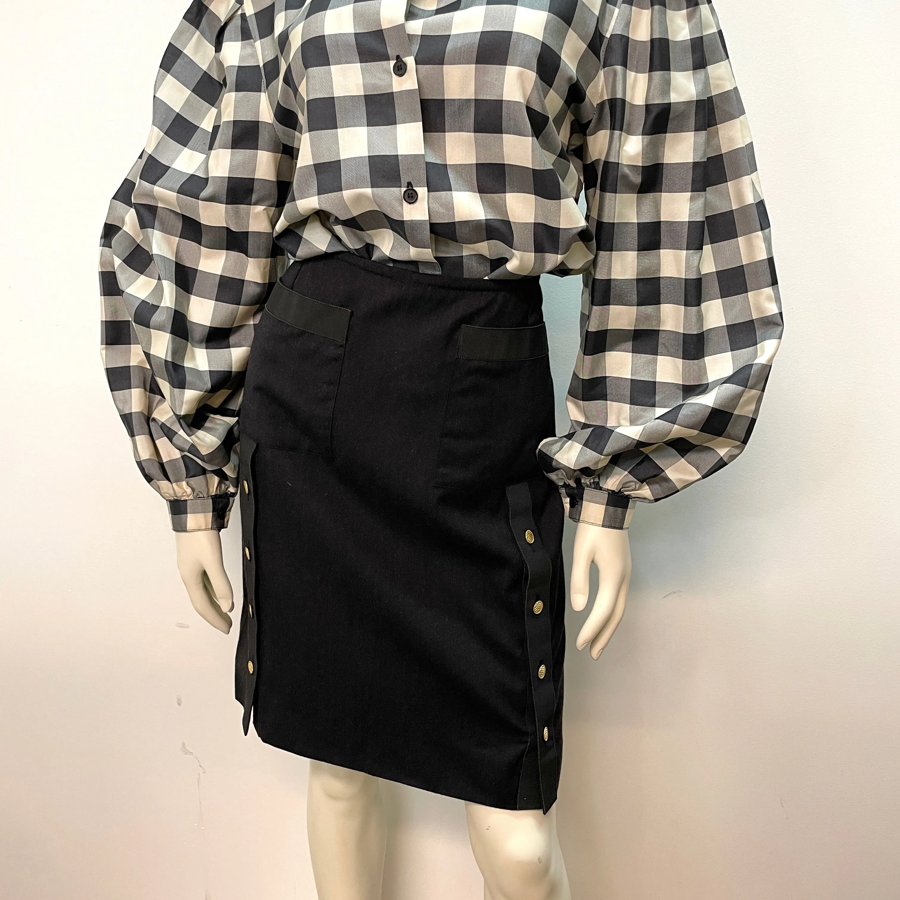 Chanel Paris Designer Vintage Charcoal Grey Skirt With Golden Button Accents 29" Waist