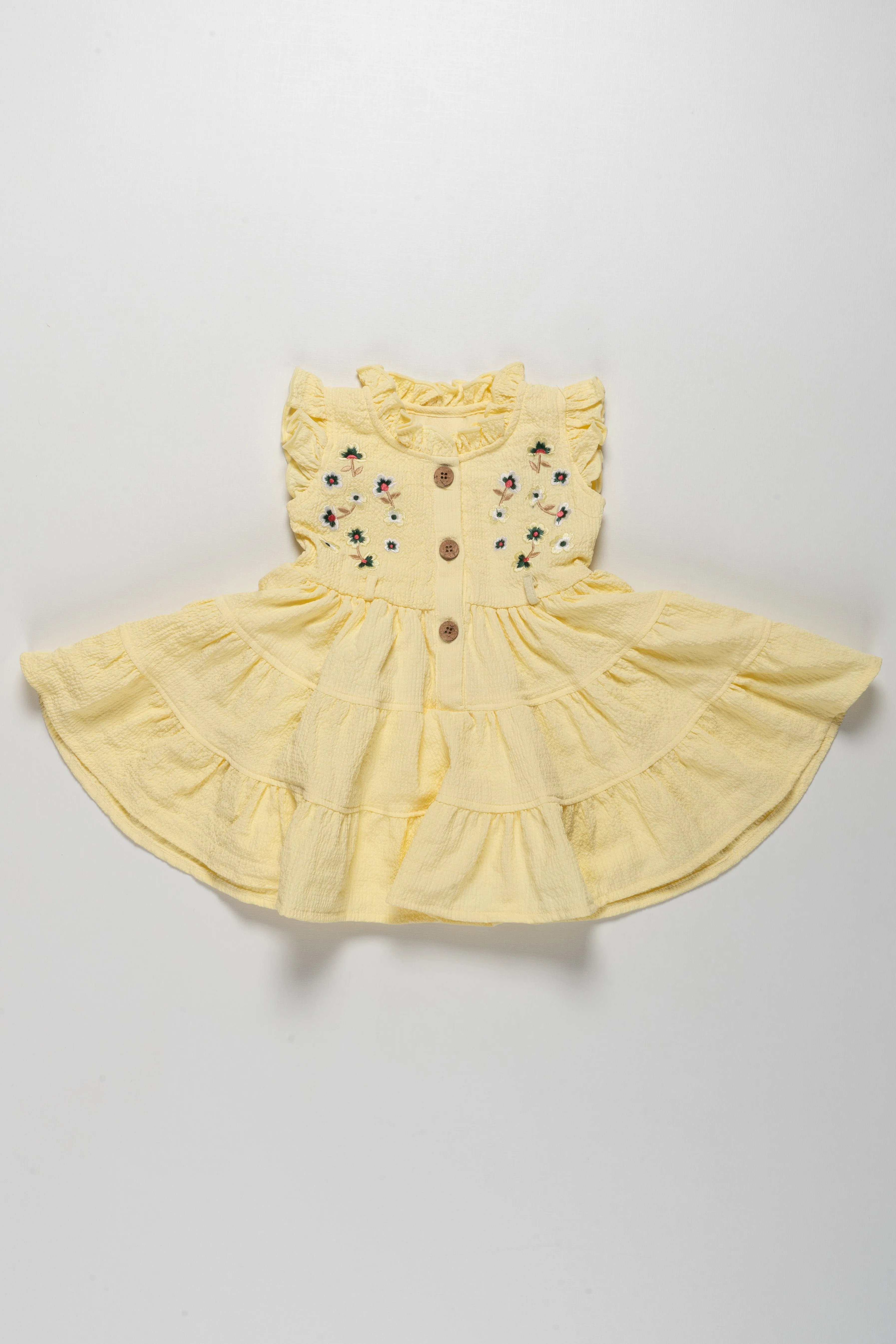 Charming Girls Yellow Ruffle Cotton Frock with Floral Embroidery