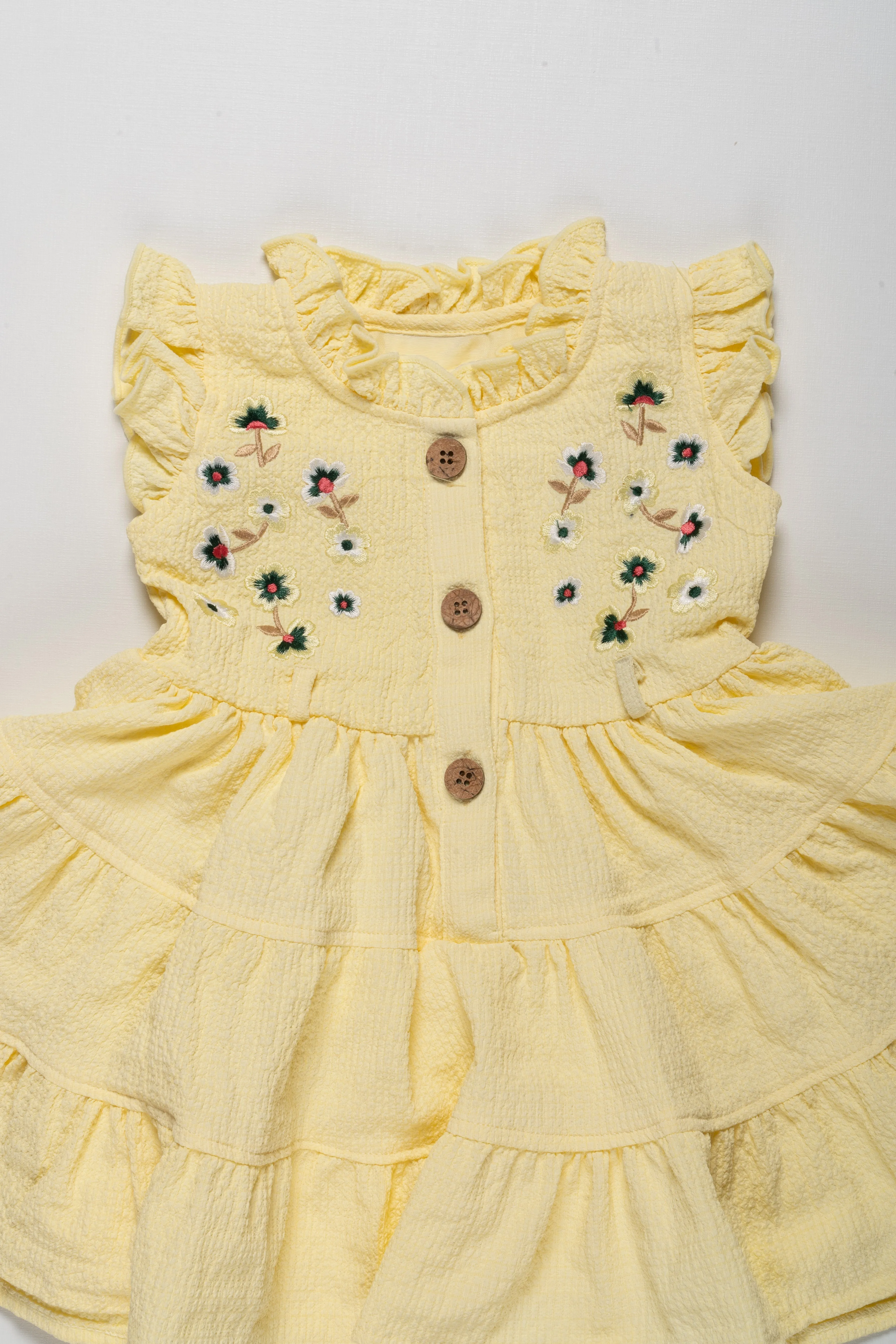 Charming Girls Yellow Ruffle Cotton Frock with Floral Embroidery