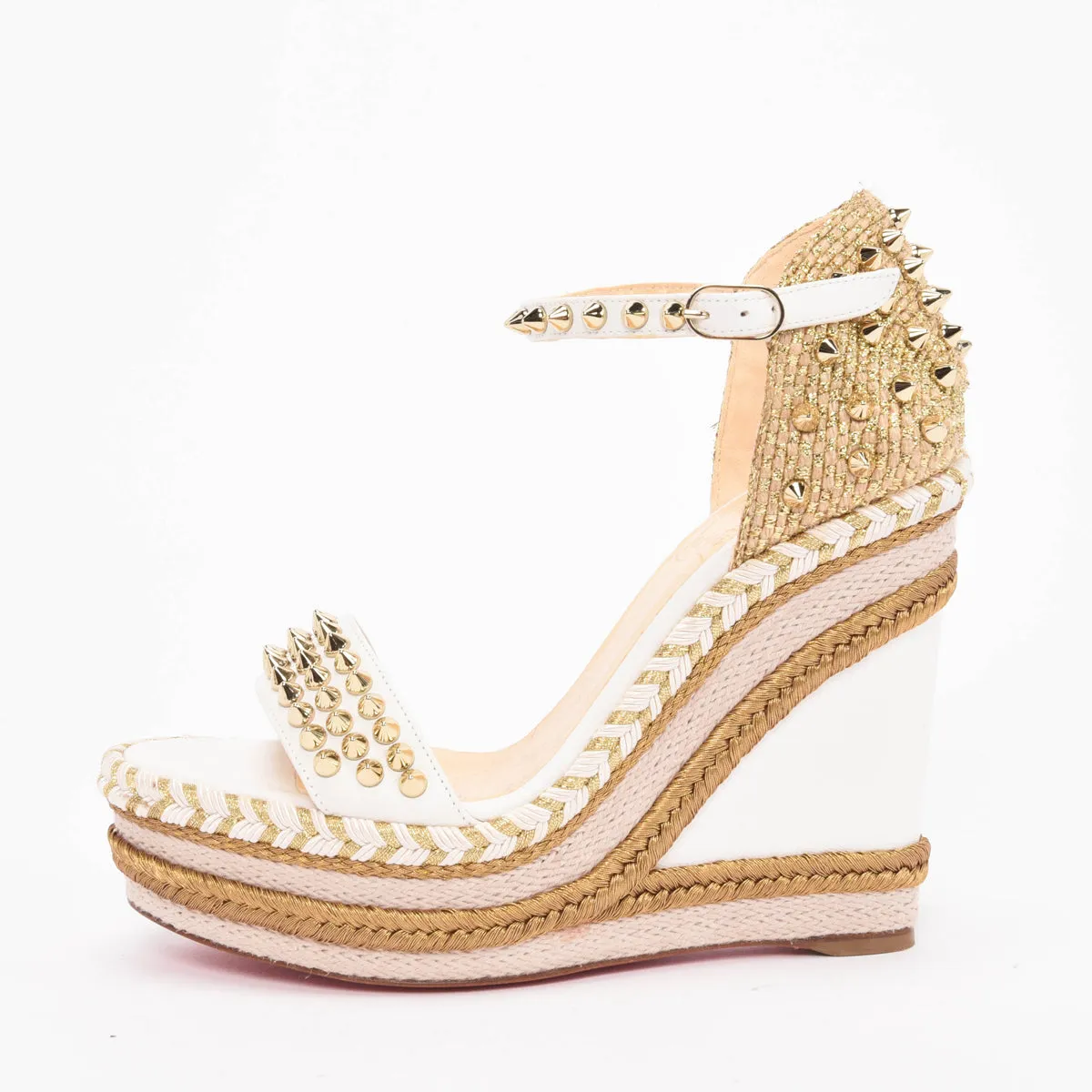 Christian Louboutin White & Gold Studded Madmonica Wedges 37