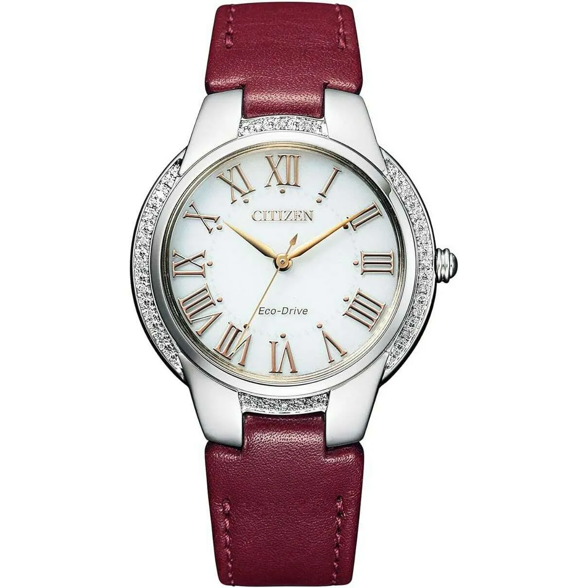 CITIZEN ECO-DRIVE SOLAR RED LEATHER STRAP DIAMONDS & SILVER LADIES WATCH EM0091-11A