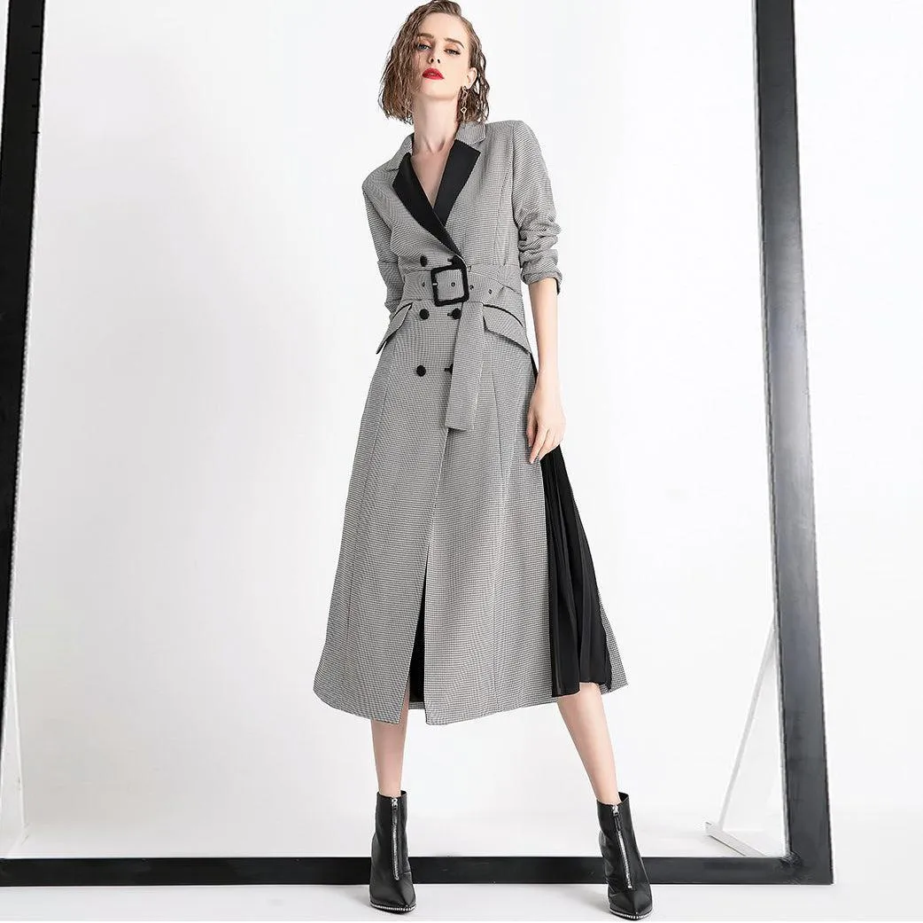 Colorblock Houndstooth Belted Double Breasted Trench Coat