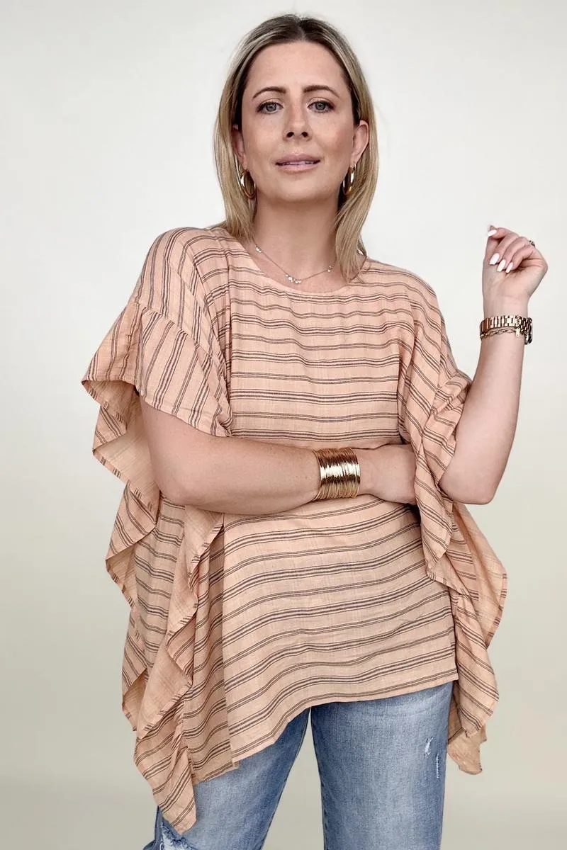 Cotton Bleu Stripped Ruffle Sleeve Kimono Top