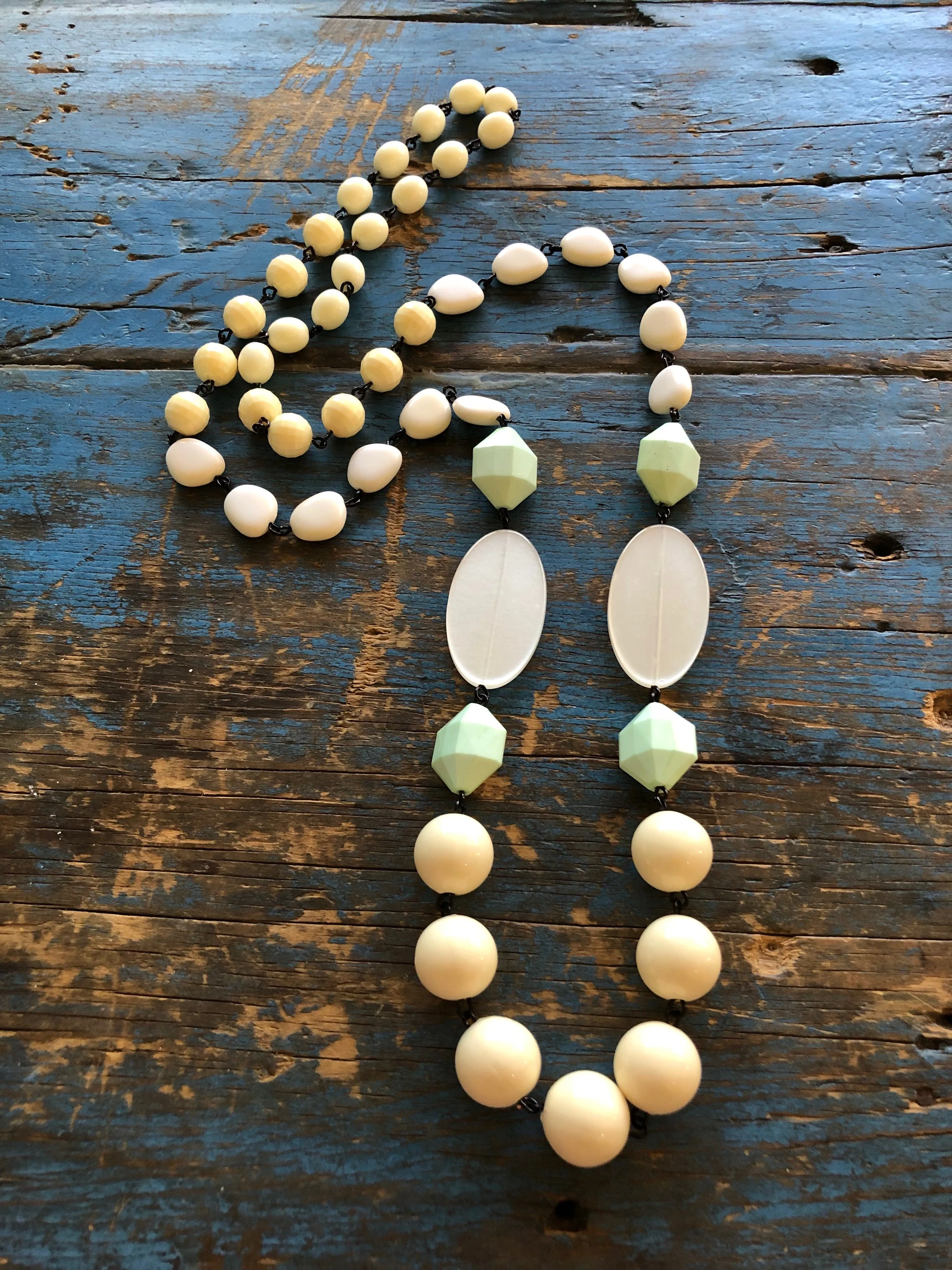 Cream & Mint Green Rosary Chain Rope Necklace