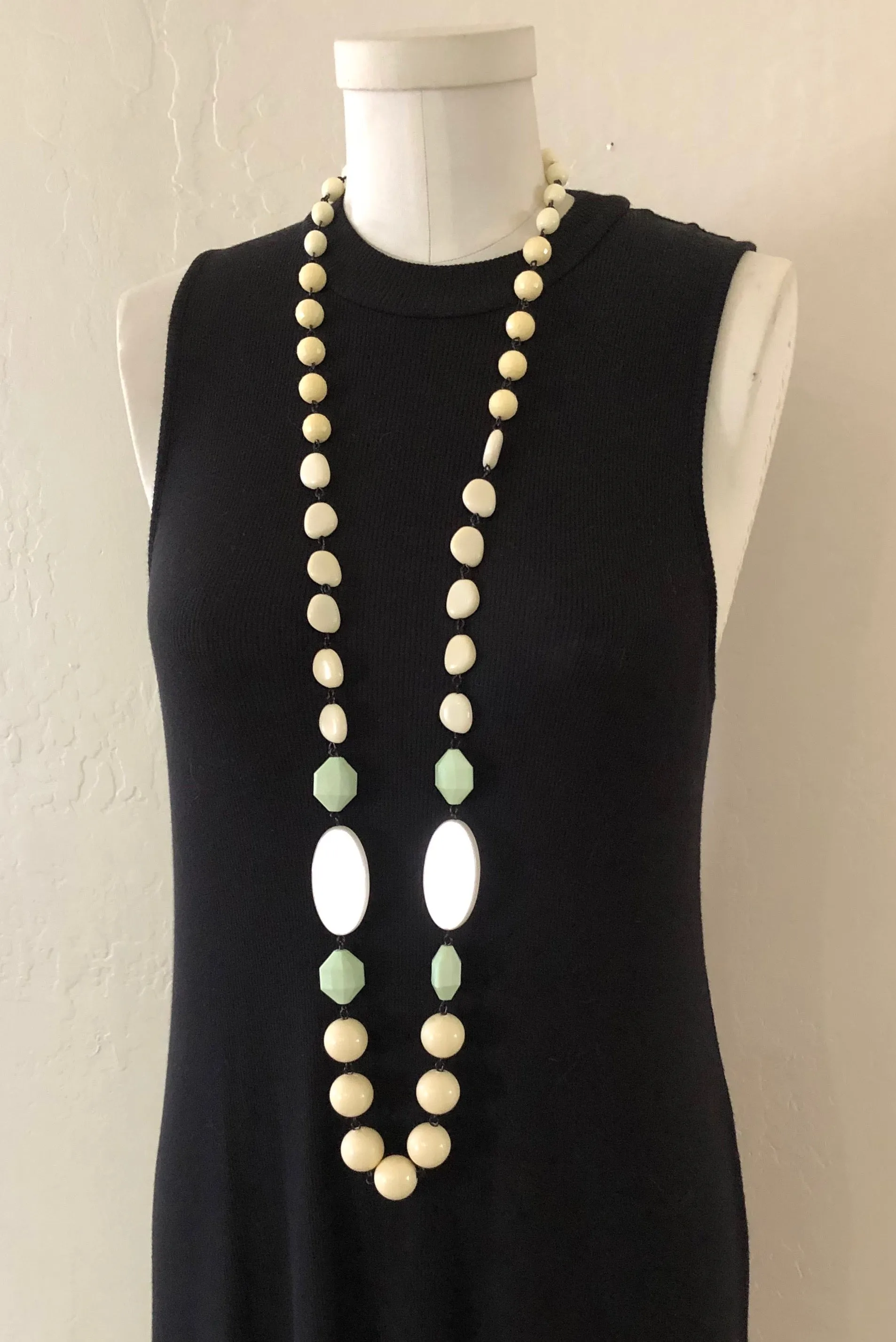 Cream & Mint Green Rosary Chain Rope Necklace