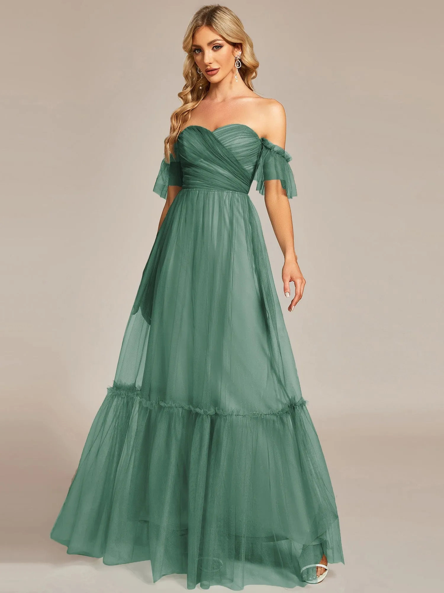 Custom Size Off-Shoulder Sweetheart Double Layer Pleated Evening Dress