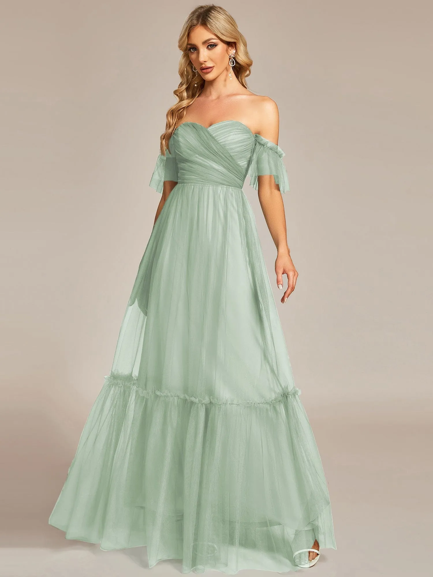 Custom Size Off-Shoulder Sweetheart Double Layer Pleated Evening Dress