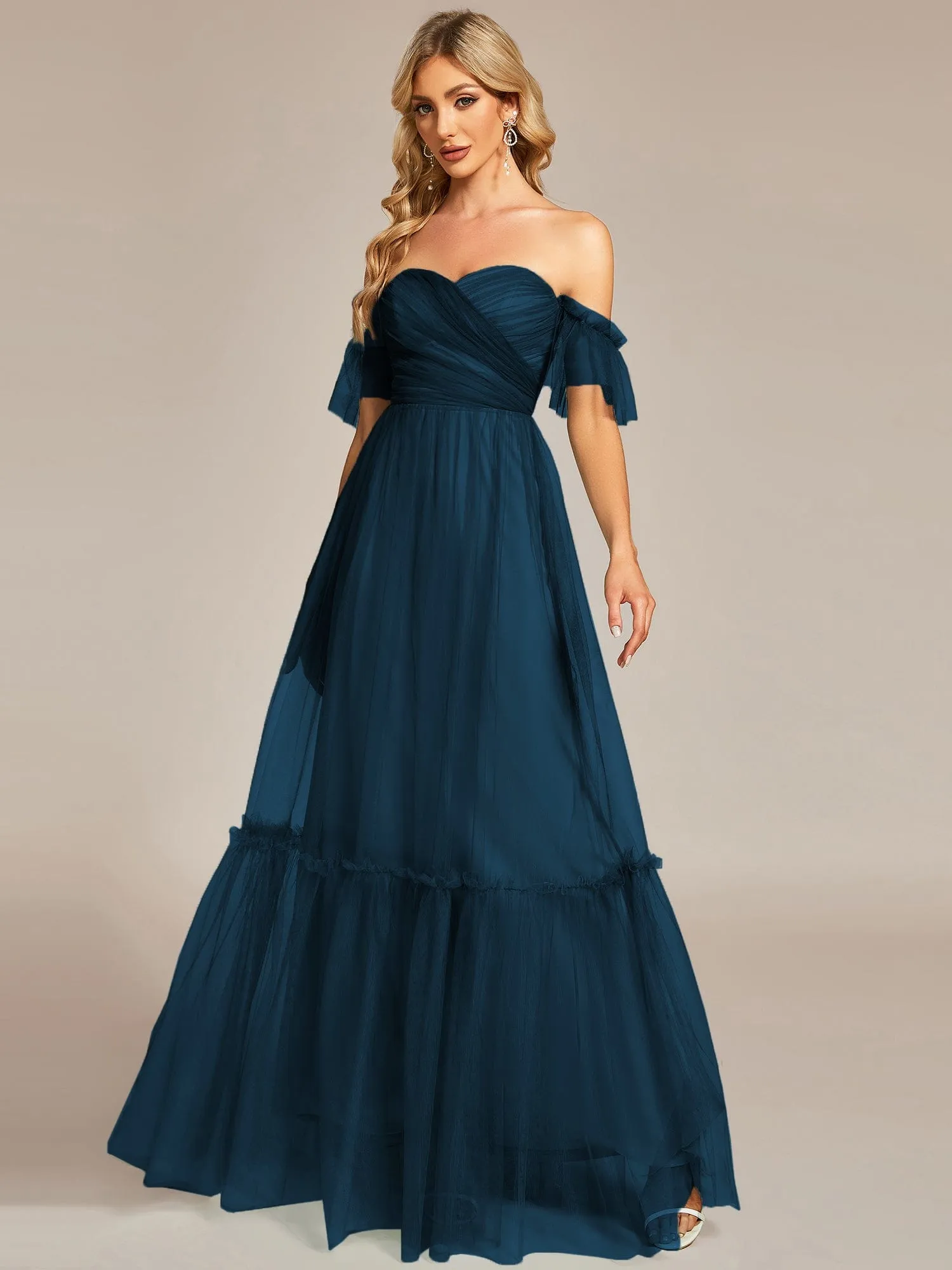 Custom Size Off-Shoulder Sweetheart Double Layer Pleated Evening Dress