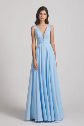 Deep V-Neck Chiffon Sleeveless Sky Blue Bridesmaids Dresses (AF0091)