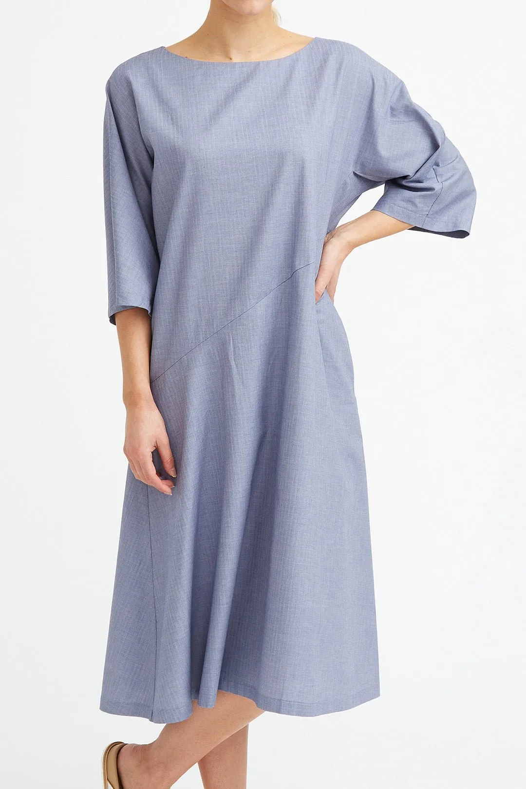 DELLA BATEAU NECK ELBOW SLEEVE DRESS IN STRETCH ITALIAN COTTON