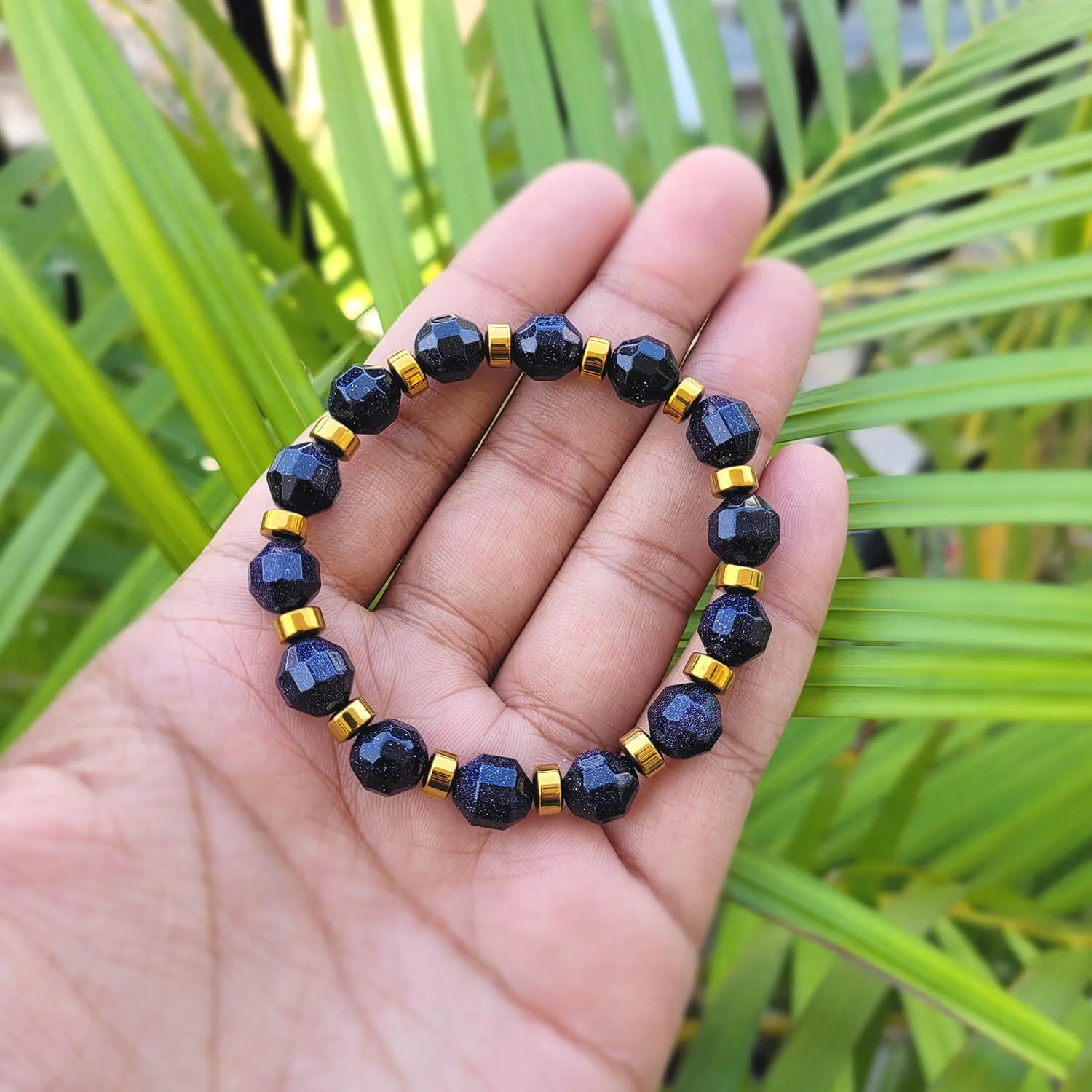 Diamond Cut Blue Sunstone With Golden Hematite Natural Stone Bracelet