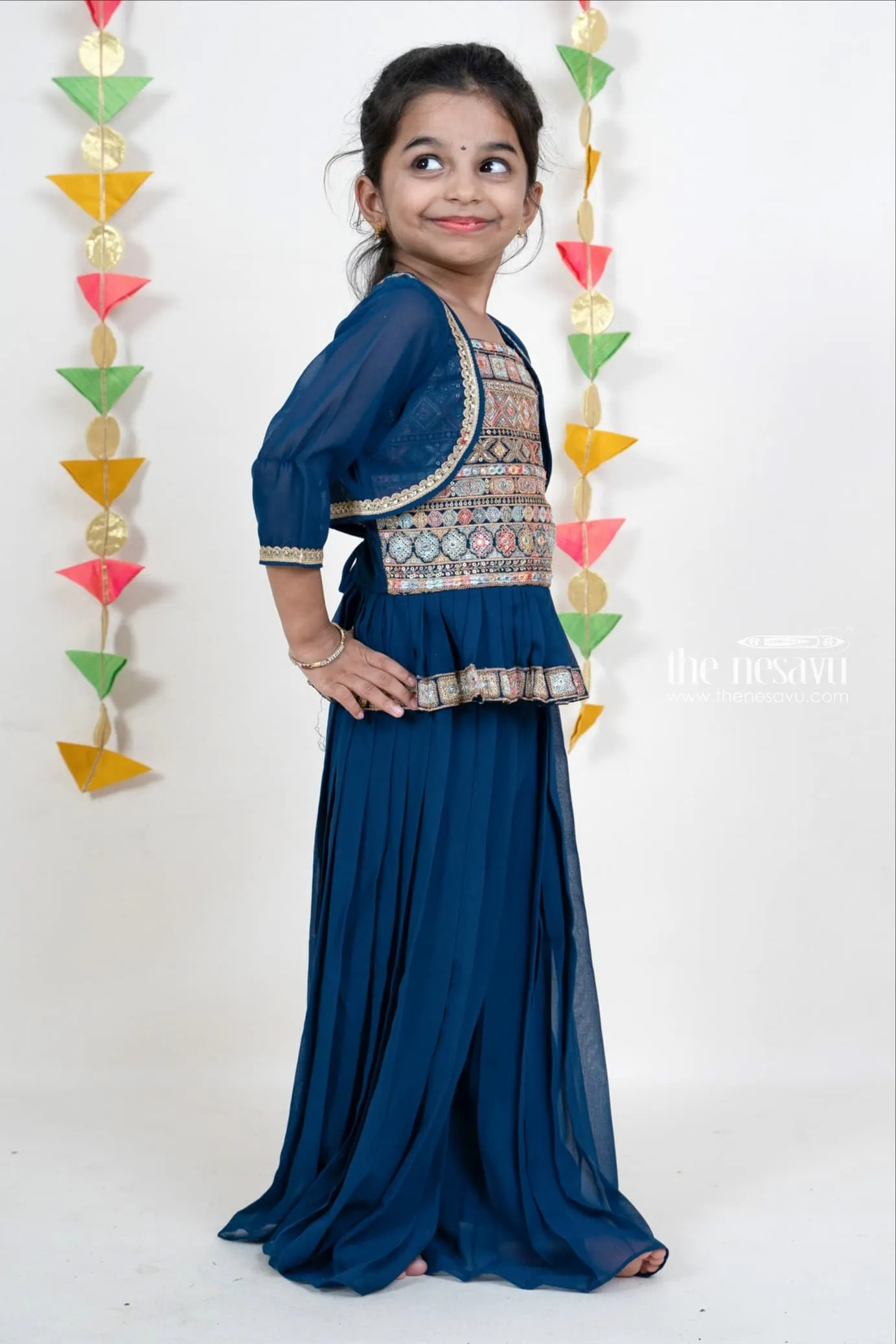 Embroidery Navy Blue Georgette Party Wear With Pleated Palazzo