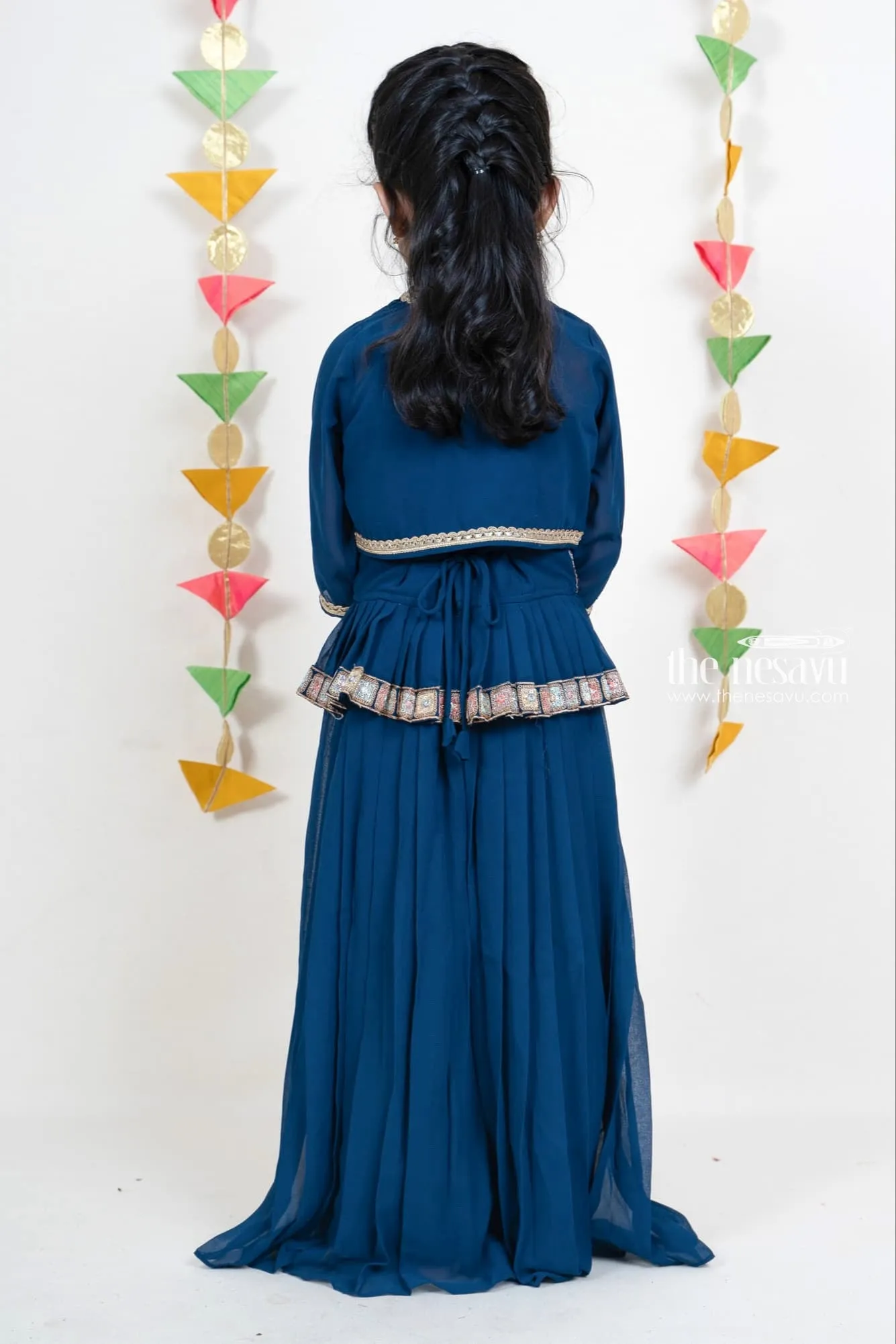 Embroidery Navy Blue Georgette Party Wear With Pleated Palazzo