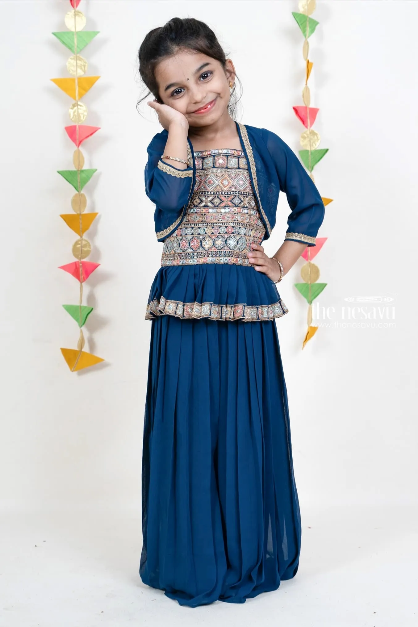 Embroidery Navy Blue Georgette Party Wear With Pleated Palazzo