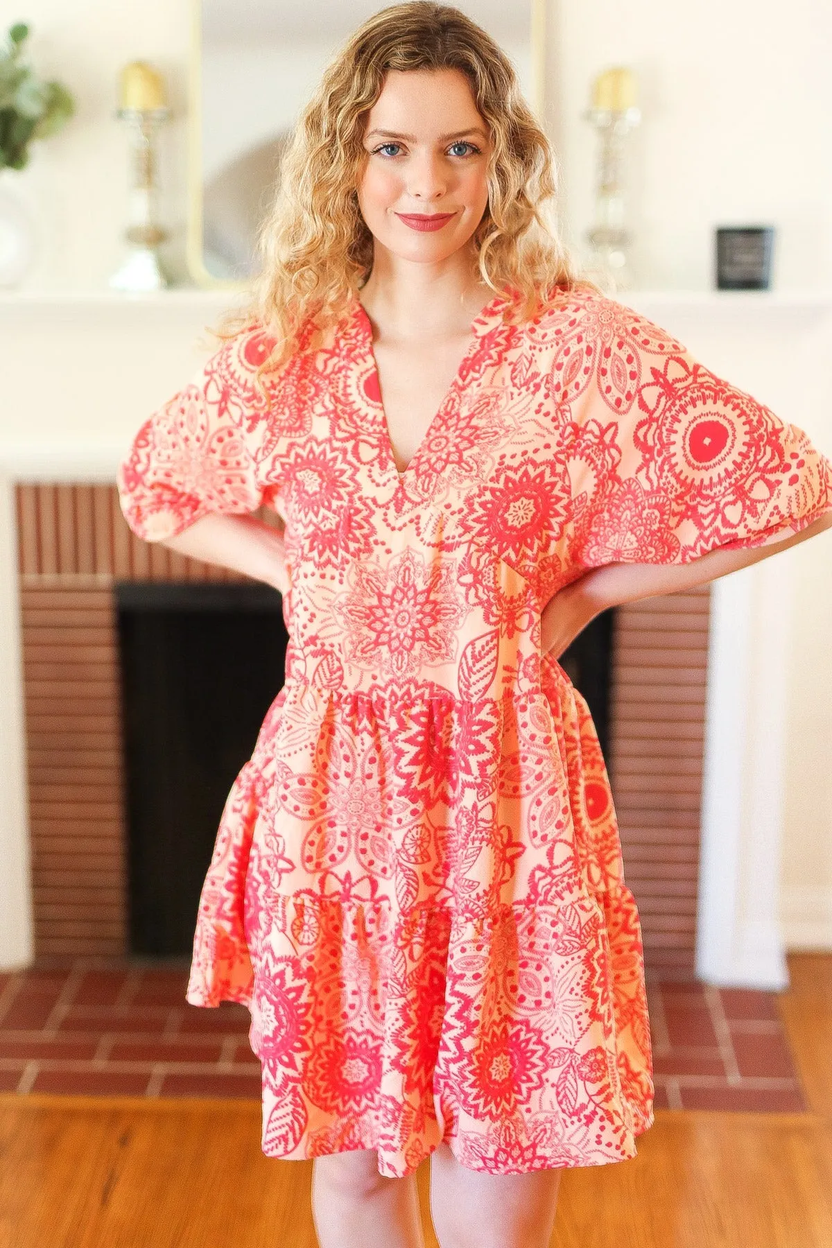 Explore More Collection - All You Need Peach & Coral Boho Floral V Neck Dress