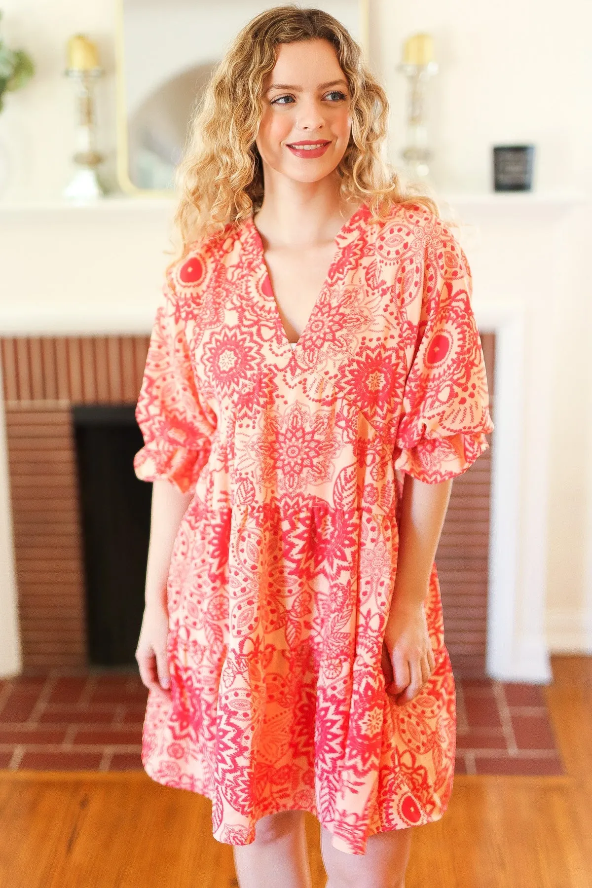 Explore More Collection - All You Need Peach & Coral Boho Floral V Neck Dress