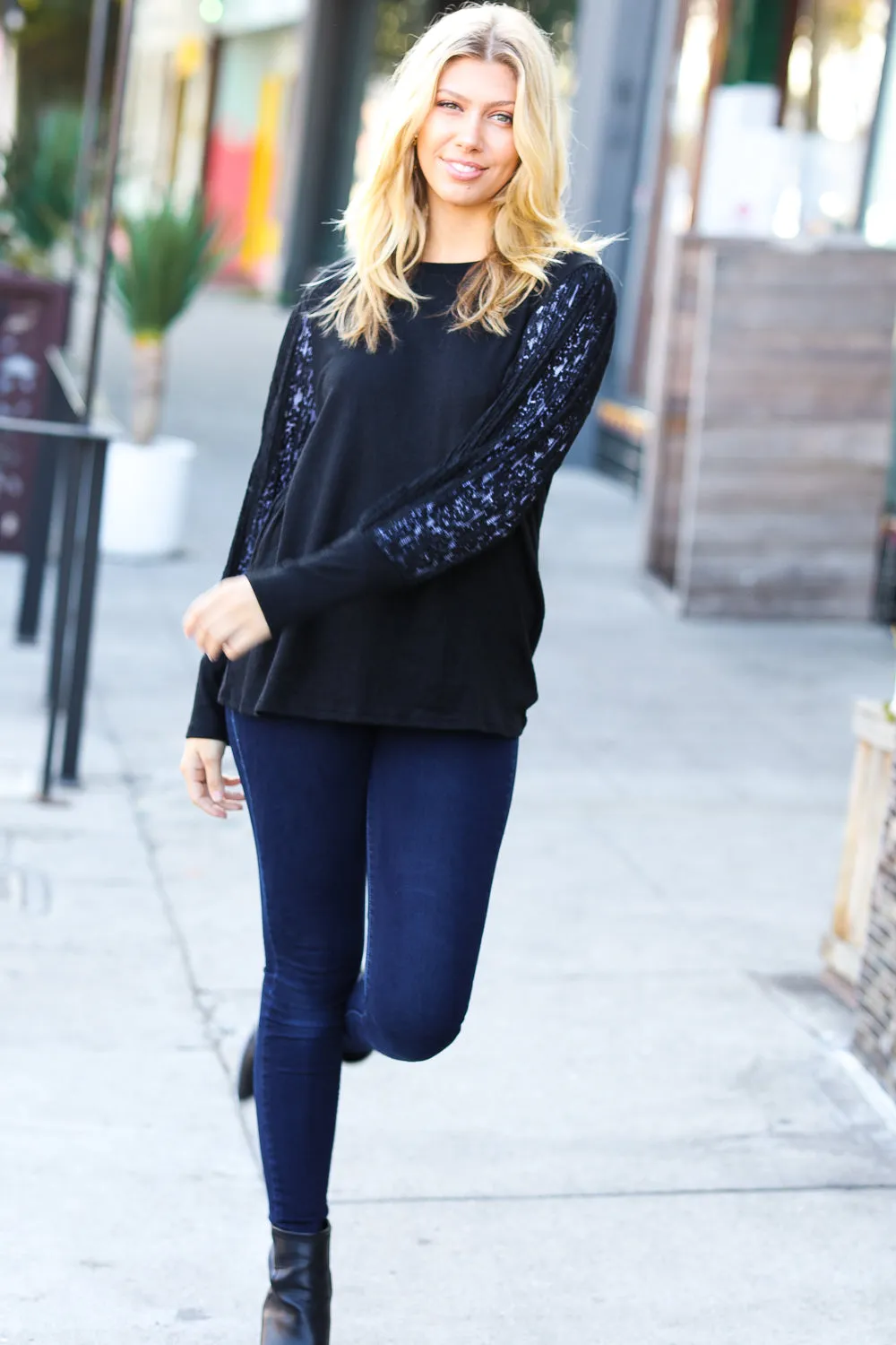 Explore More Collection - Black Hacci Floral Lace Bubble Sleeve Sweater