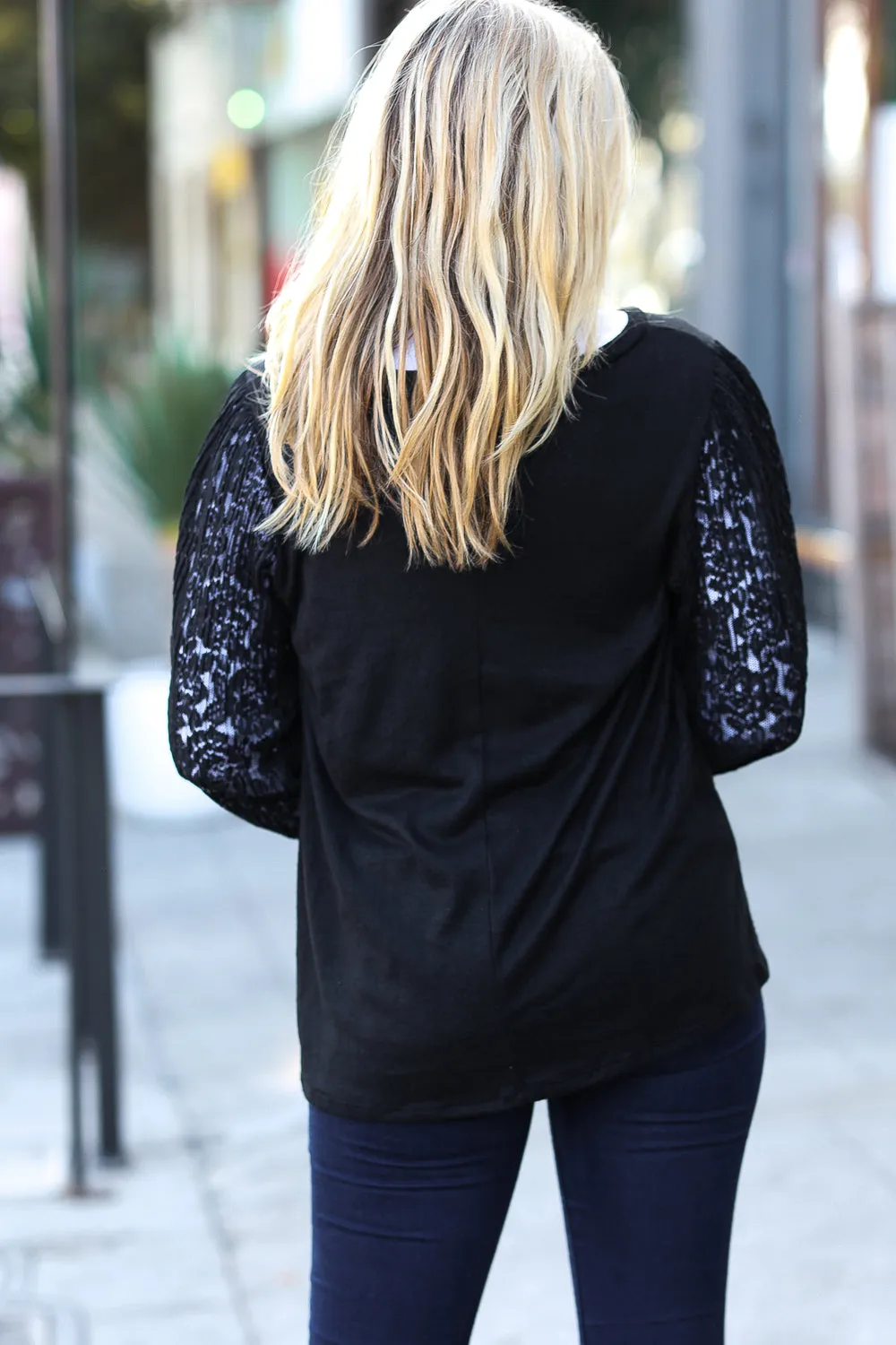 Explore More Collection - Black Hacci Floral Lace Bubble Sleeve Sweater