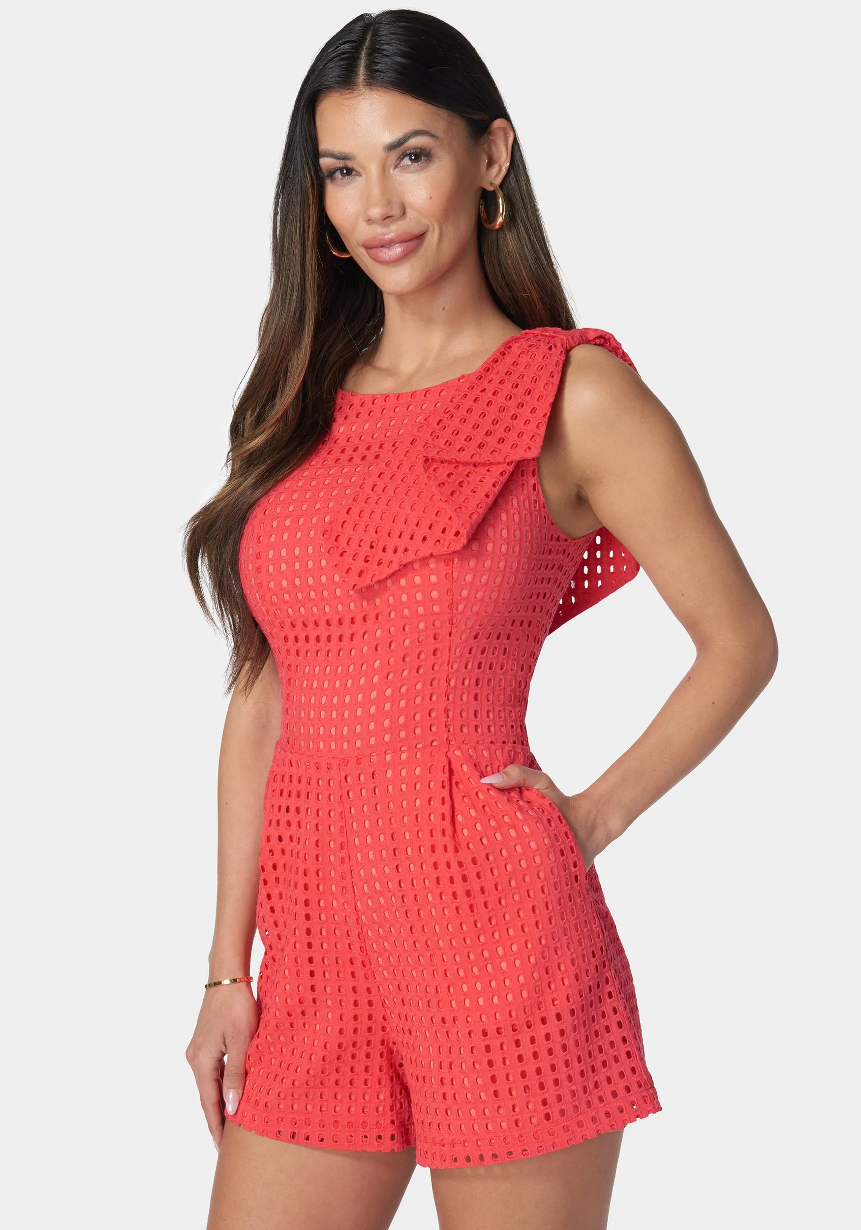 Eyelet Open Back Bow Detail Romper