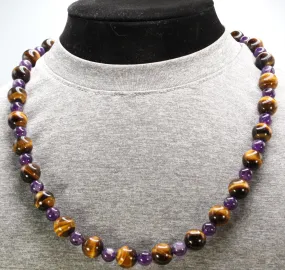 Genuine Tiger Eye and Amethyst Necklace - Gifts for Men/Women - 12mm and 8mm Beaded Necklace