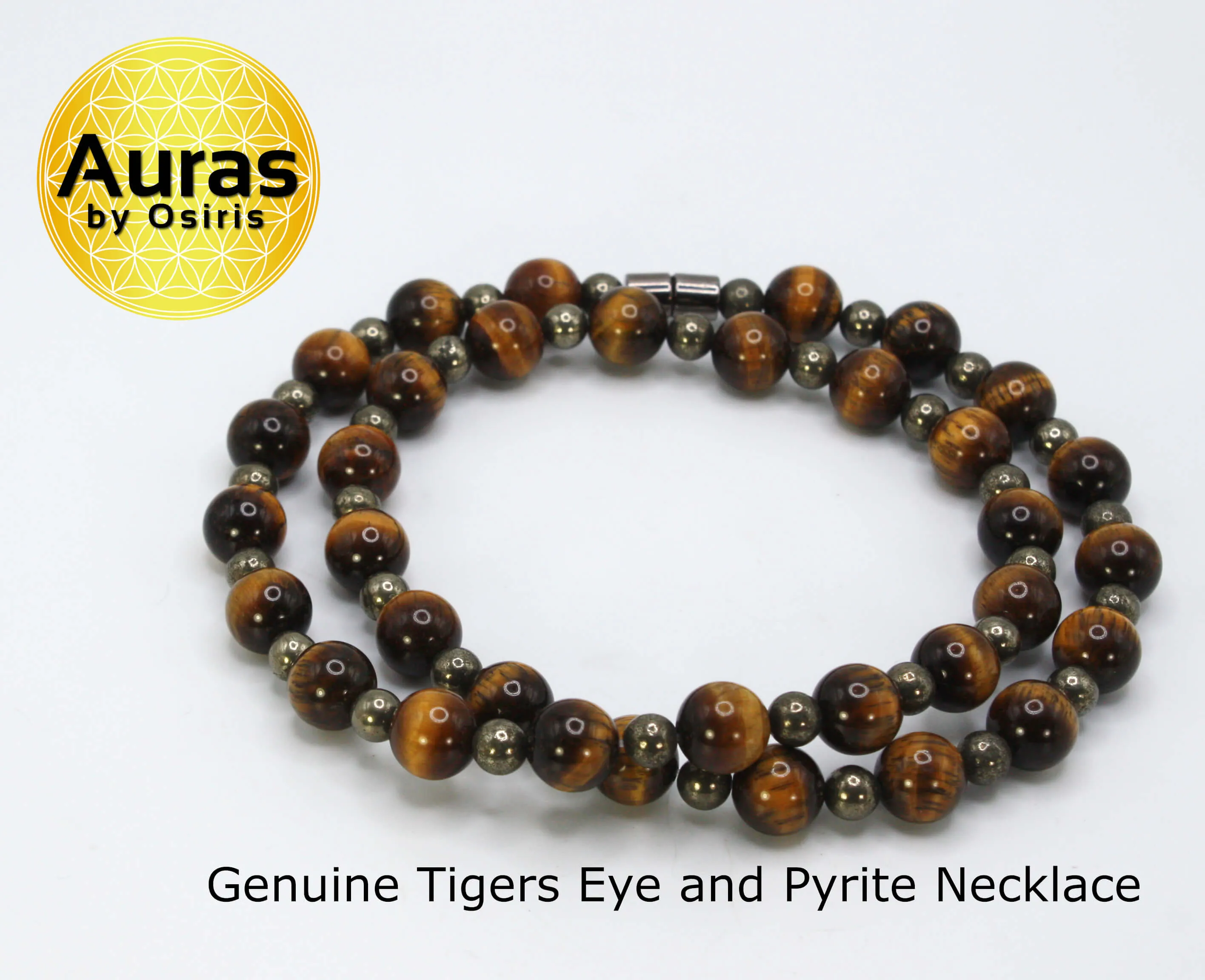 Genuine Tiger Eye and Pyrite Necklace - Gift for Men/Women - 10mm and 6mm Beaded Necklace