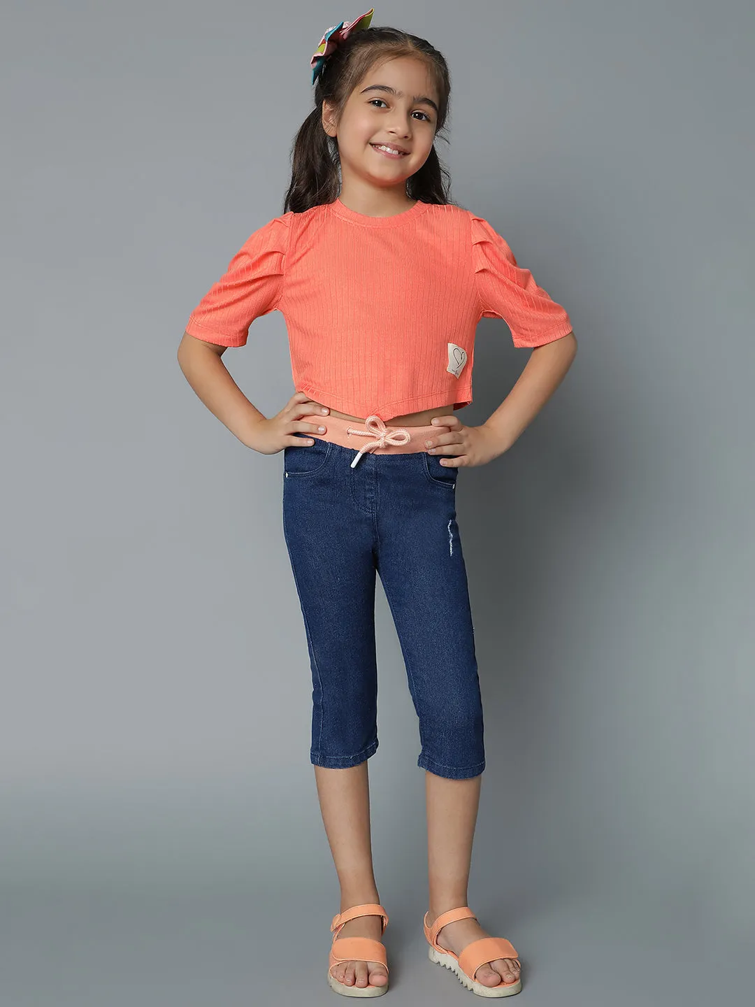 Girls Denim Dark Blue Capri With Suspander