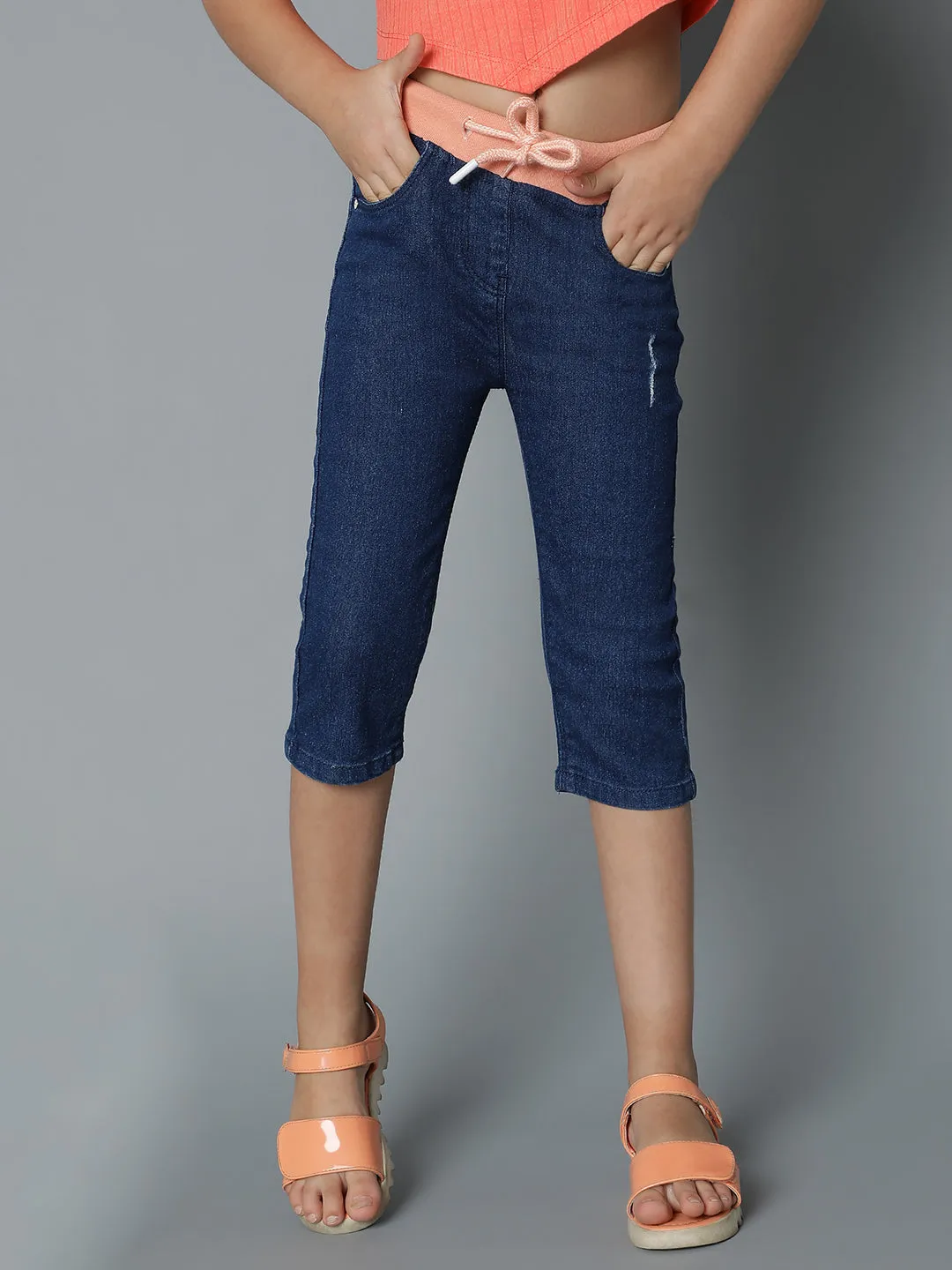 Girls Denim Dark Blue Capri With Suspander