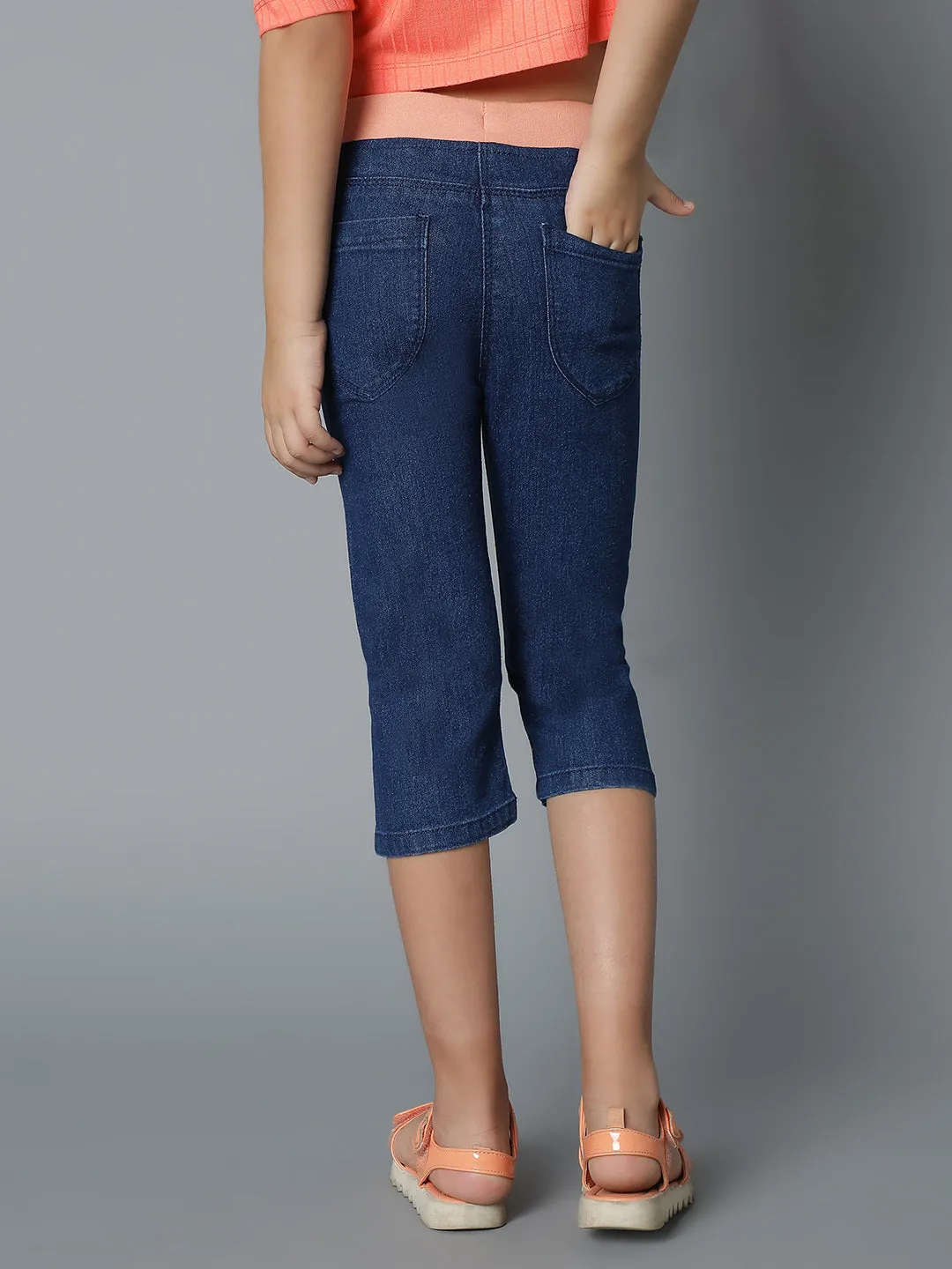 Girls Denim Dark Blue Capri With Suspander