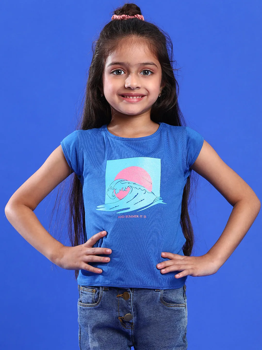 Girls Printed Royal Blue Cotton Regular Fit T-Shirts