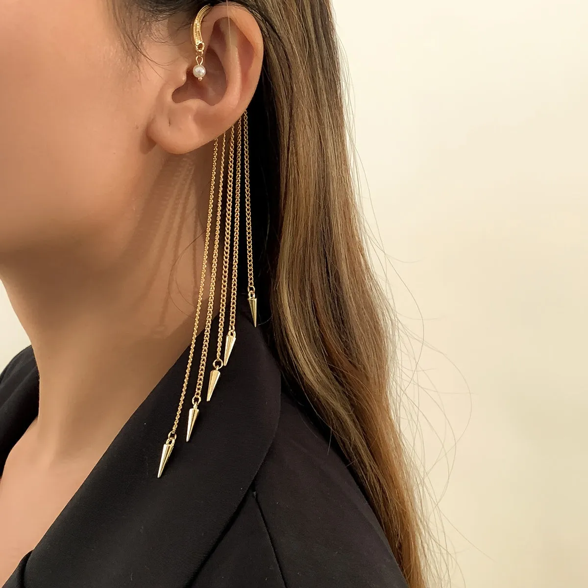 Glam Up Your Look with These Exaggerated Rivet Tassel Ear Cuffs - Perfect for Women and Girls!