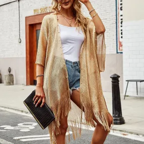 Gold Pearl Pointed Fringe Edge Kimono Poncho