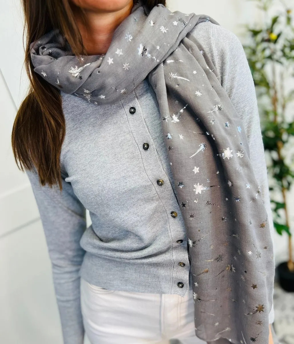 Grey Foil Shooting Stars Print Scarf