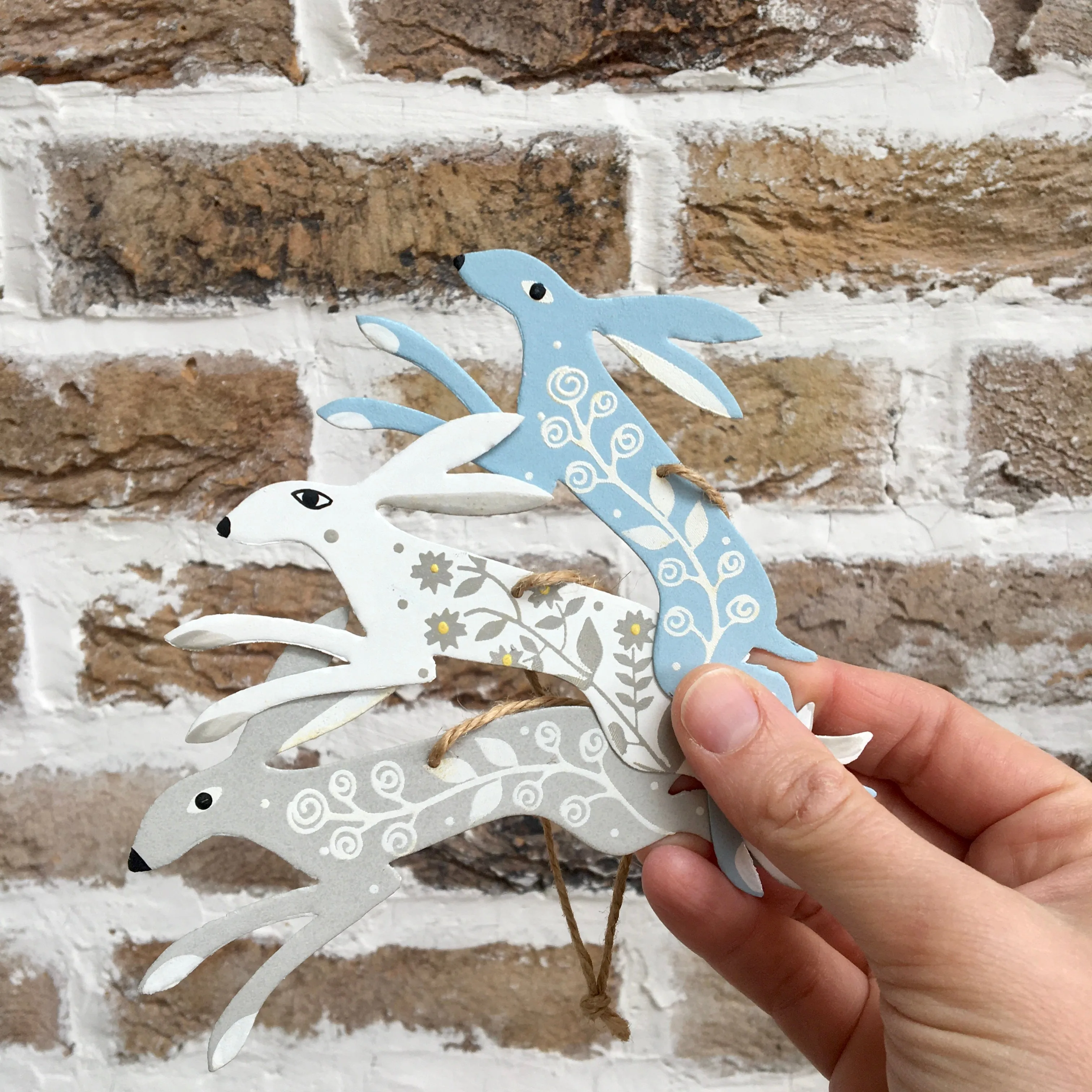 Hand Painted Tin Hares - Set of 3